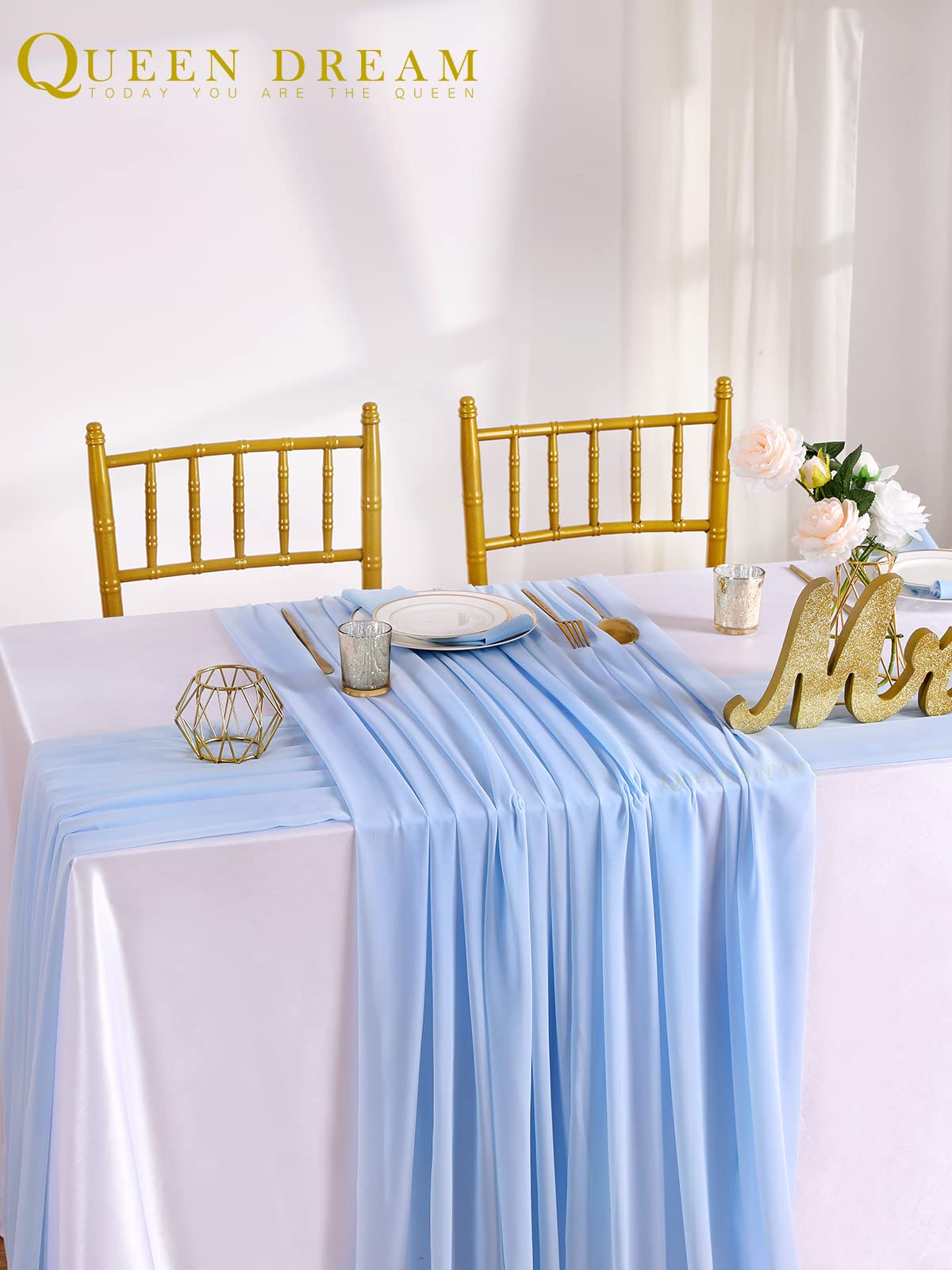 5 Pieces 10Ft Wedding Table Runner Blue Chiffon Table Runners Sheer Wedding Arch Overlay Fabric for Birthday Bridal Party Decorations