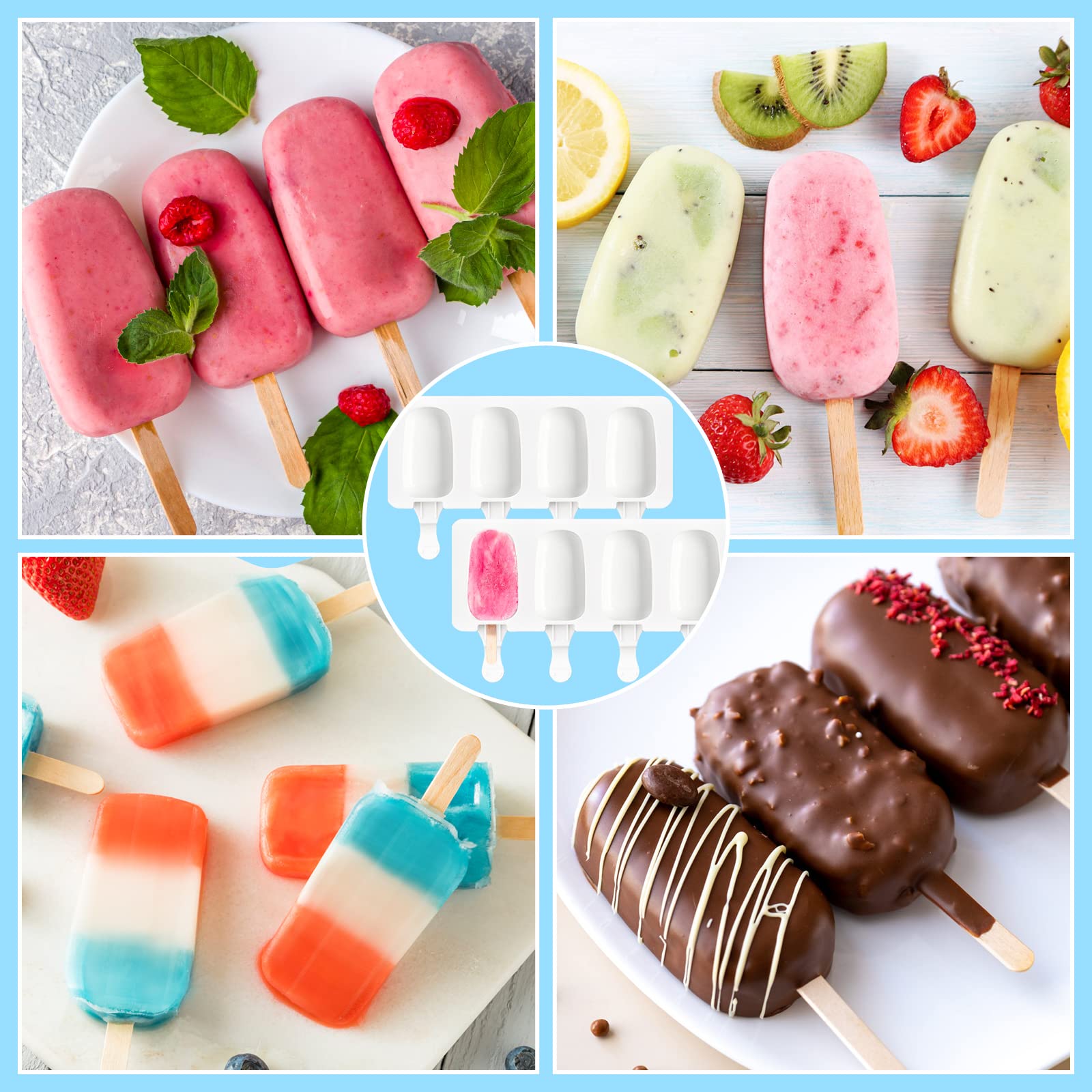 6 Set Silicone Popsicle Molds Ice Cream Mould 4 Cavity Ice Lolly Mold White Oval Cake Pop Mold With 300 Pieces Wooden Sticks For