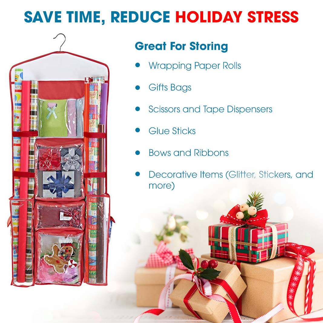 Propik Hanging Double Sided Wrapping Paper Storage Organizer With Multiple Pockets Organize Your Gift Wrap, Gift Bags Bows Ribbo