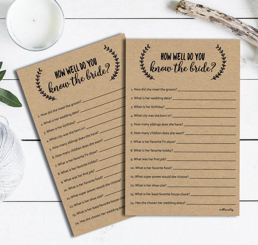 How Well Do You Know The Bride - Kraft (50-Sheets) Rustic Bridal Wedding Shower or Bachelorette Party Game  Who Knows The Bride Best Couples Guessing Question Pack Engagement (Large Sheet Size)