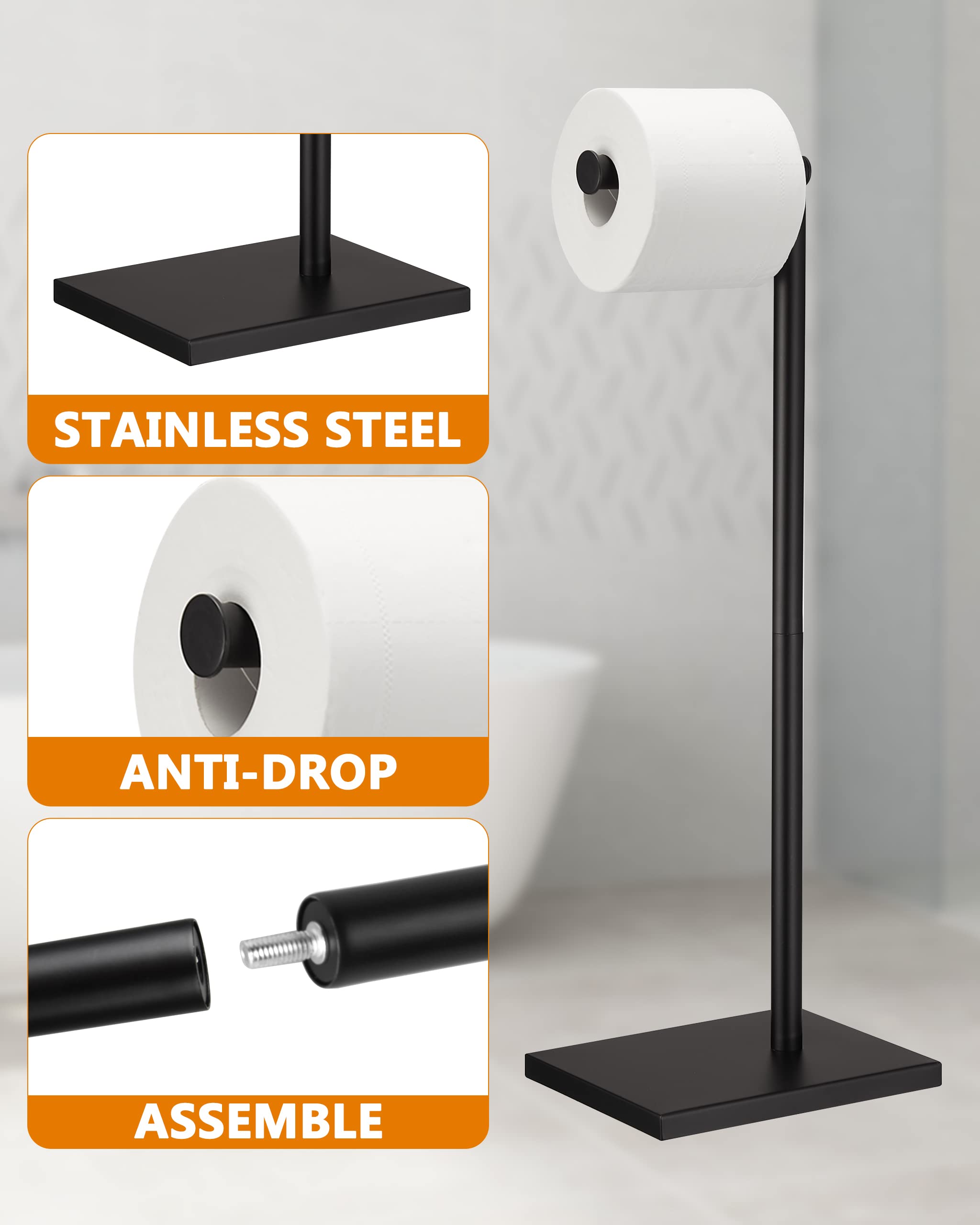 Free Standing Bathroom Toilet Paper Holder Stand with Reserve  Stainless Steel Pedestal Tissue Roll Holder  Black DECLUTTR