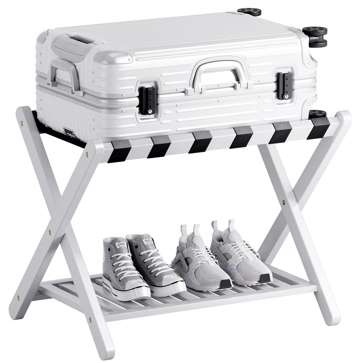 Smibuy Luggage Rack, Foldable Bamboo Suitcase Stand With Storage Shelf For Guest Room, Bedroom, Hotel, Heavy-Duty, 1 Pack (White