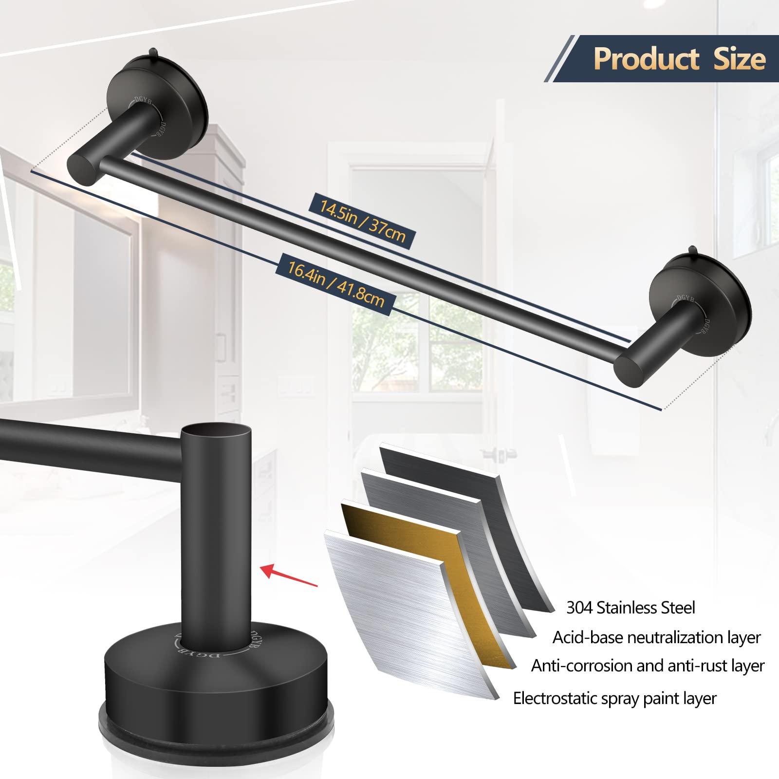 Dgyb Suction Cup Towel Bar For Bathroom 17 Inch Matte Black Towel Holder Stainless Steel Premium Kitchen Towel Rack Wall Mounted
