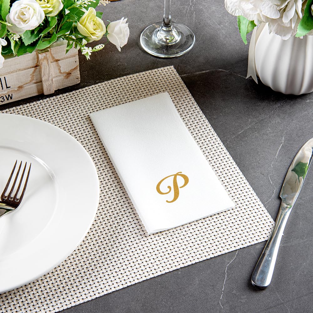 Luxenap 15.8 X 7.9 Inch Linen-Feel Guest Towels, 50 Lettered Hand Towels - Gold Letter 'P', Cursive Font, White Paper Dinner Nap