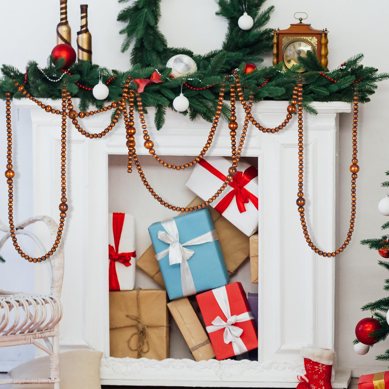 Bucherry 4 Pcs Christmas Wood Bead Garland 28.8 Feet Wooden Beaded Garland Boho Farmhouse Home Decor Hanging Decorations Ornamen