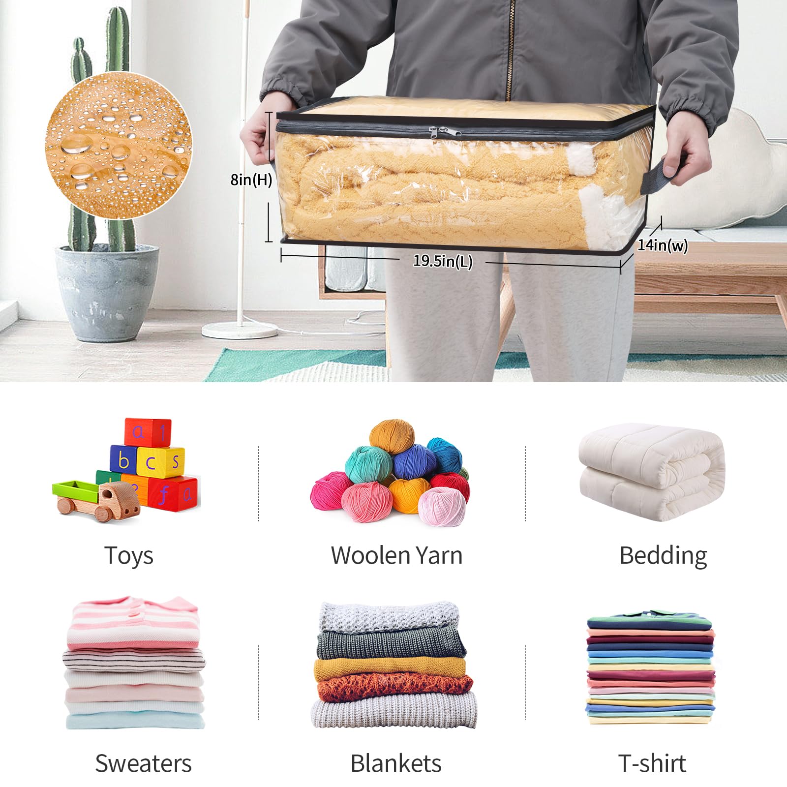 Fixwal 4pcs Clear Storage Boxes, 35L/9.5Gal, PVC Fabric, Zipper, for Clothes, Blankets, Bed Sheets, Closet Organizer