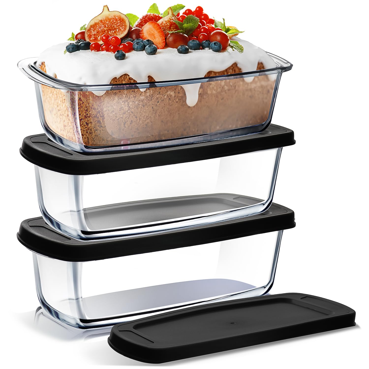 Nestl Set of 3 Glass Bread Loaf Pans for Baking Bread Pans for Homemade Breads, Glass Food Storage Containers with Lids, Glass B
