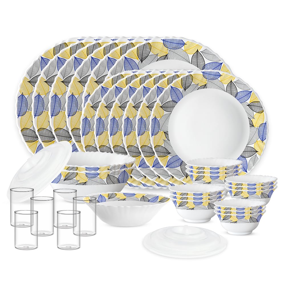 Larah By Borosil Silk Series Kora Opalware Dinner Set With Vision Glass | 35 Pcs For Family Of 6 | Microwave & Dishwasher Safe |