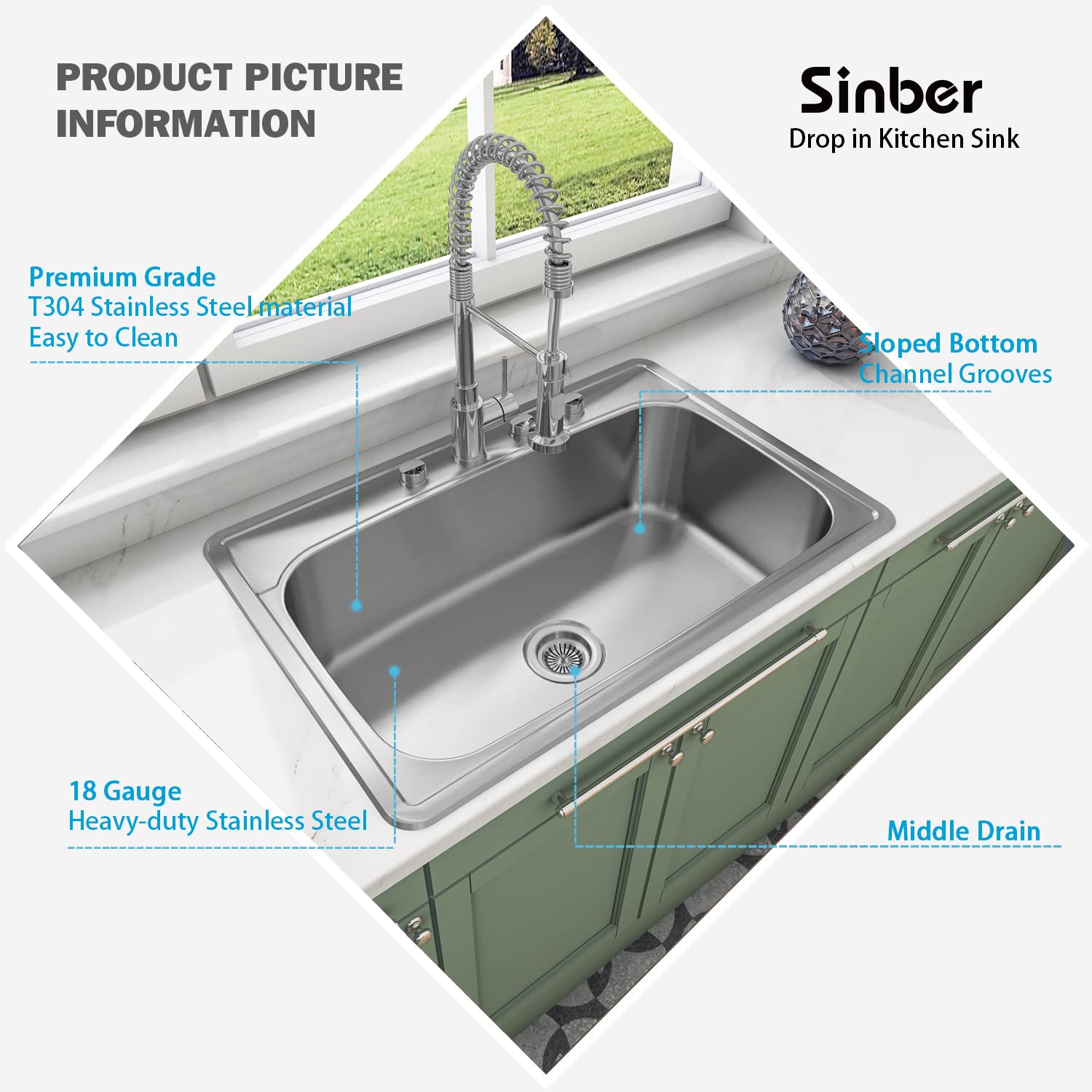 Sinber 33'' x 22'' x 9'' Drop In Single Bowl Kitchen Sink with 18 Gauge 304 Stainless Steel Satin Finish MT3322C (Sink Only)