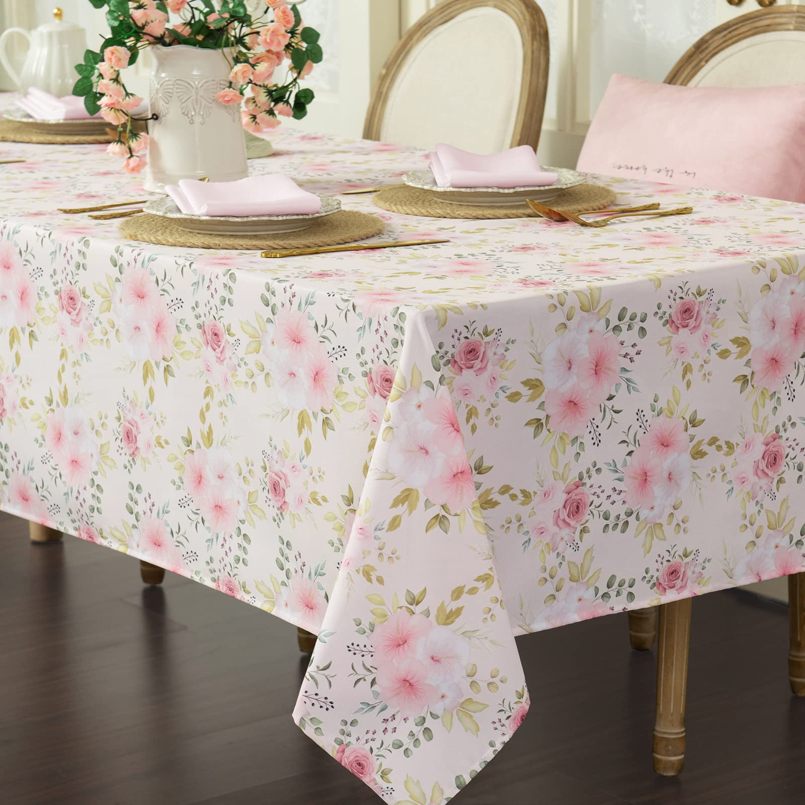 Joyfol Day Flower Tablecloth, Pink Floral Table Cloth For Rectangle Tables,Waterproof Resistant Rose Table Cover For Valentines,