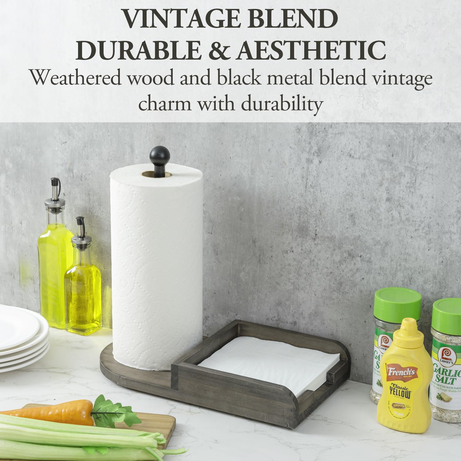 Mygift Vintage Weathered Gray Solid Wood And Black Metal Paper Towel Roll Holder And Napkin Dispenser Combination Storage Rack F