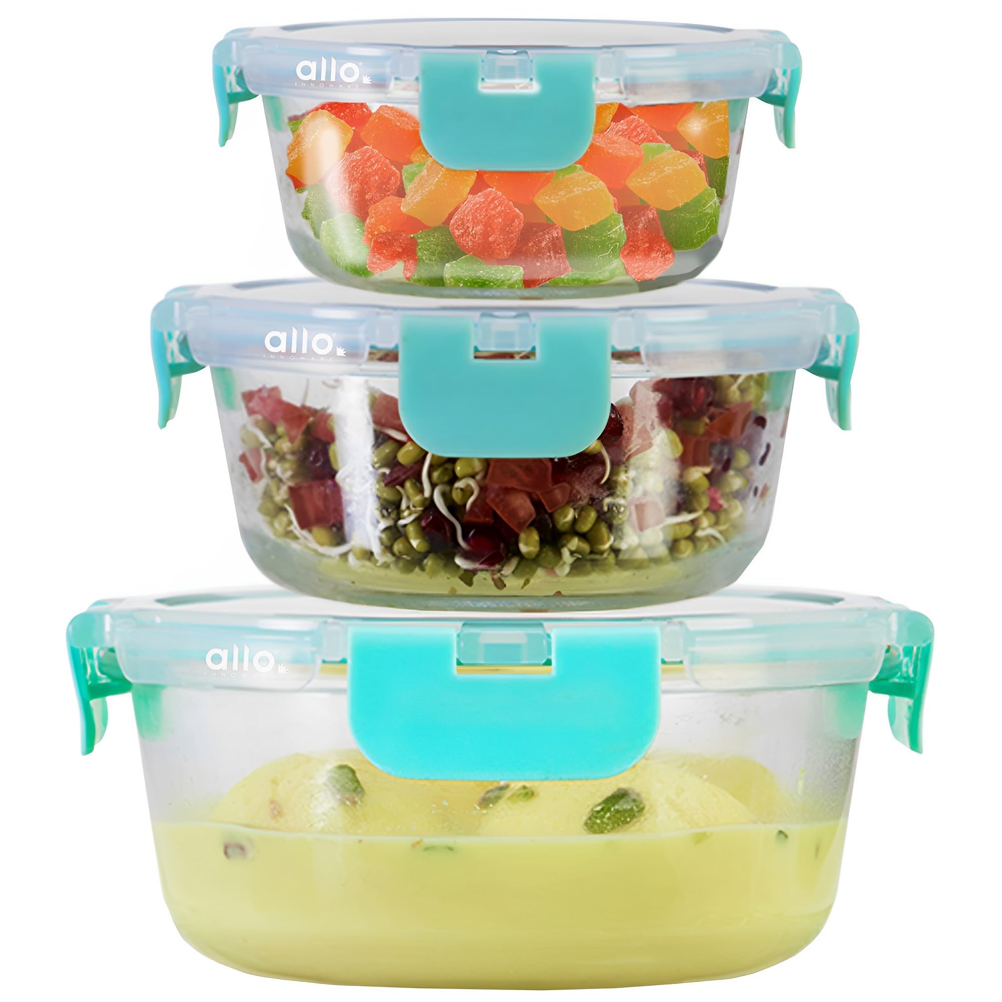 Allo FoodSafe Glass Container With Detachable Lock  390 ml (Set of 3 (215ml, 390ml, 635ml))