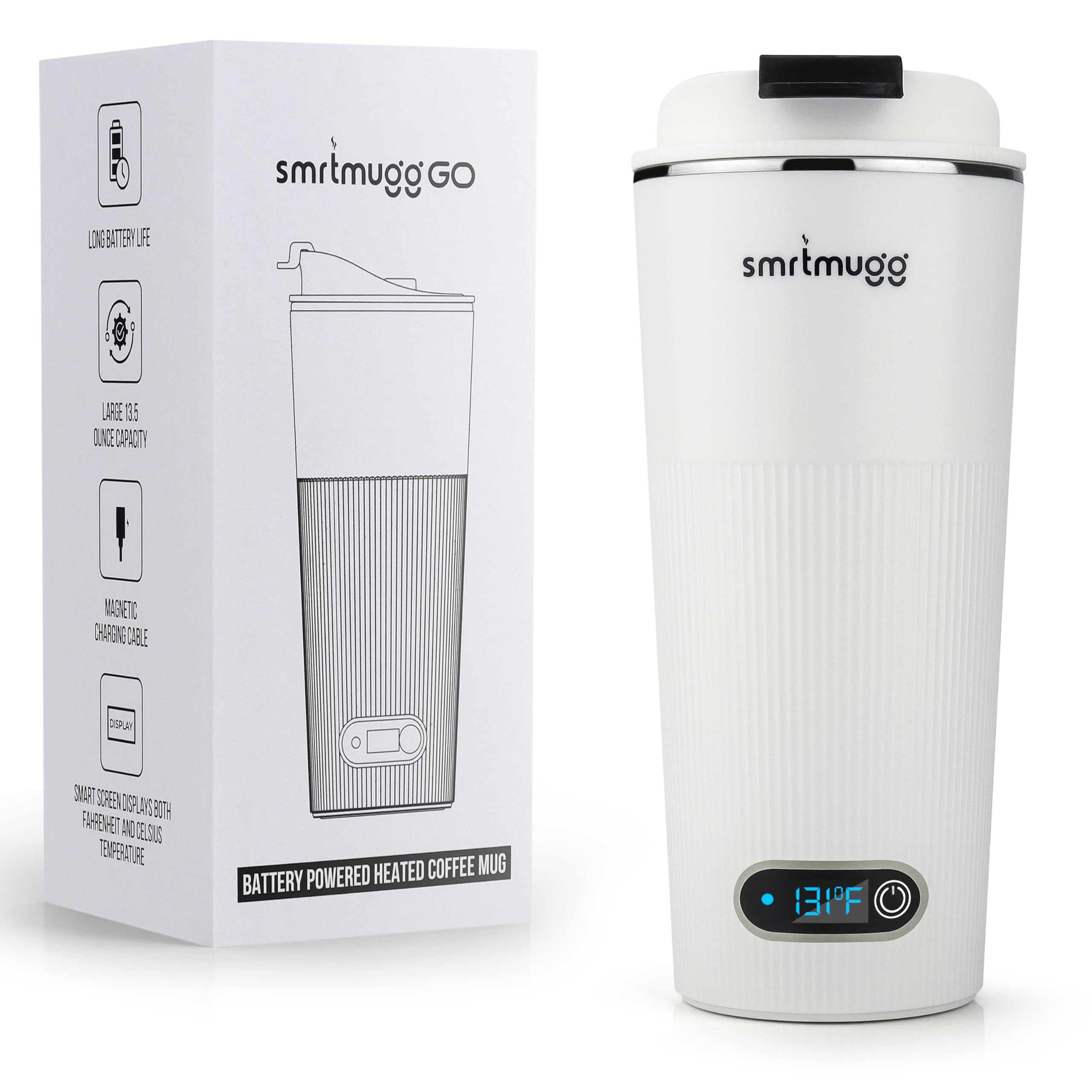 SmrtMugg GO Heated Coffee Mug, Travel Mug, 13.5 OZ. Smart Mug, Battery Powered Heated Coffee Mug, Great for Coffee and Tea, Snap