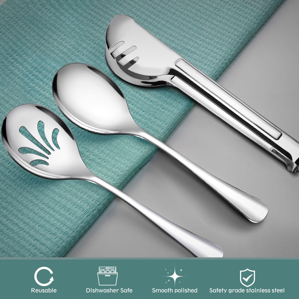 Stainless Steel Metal Serving Utensils - Large Serving Sets-10'' Spoons, 10'' Slotted Spoons And 9'' Tongs By Teivio (Silver, Se