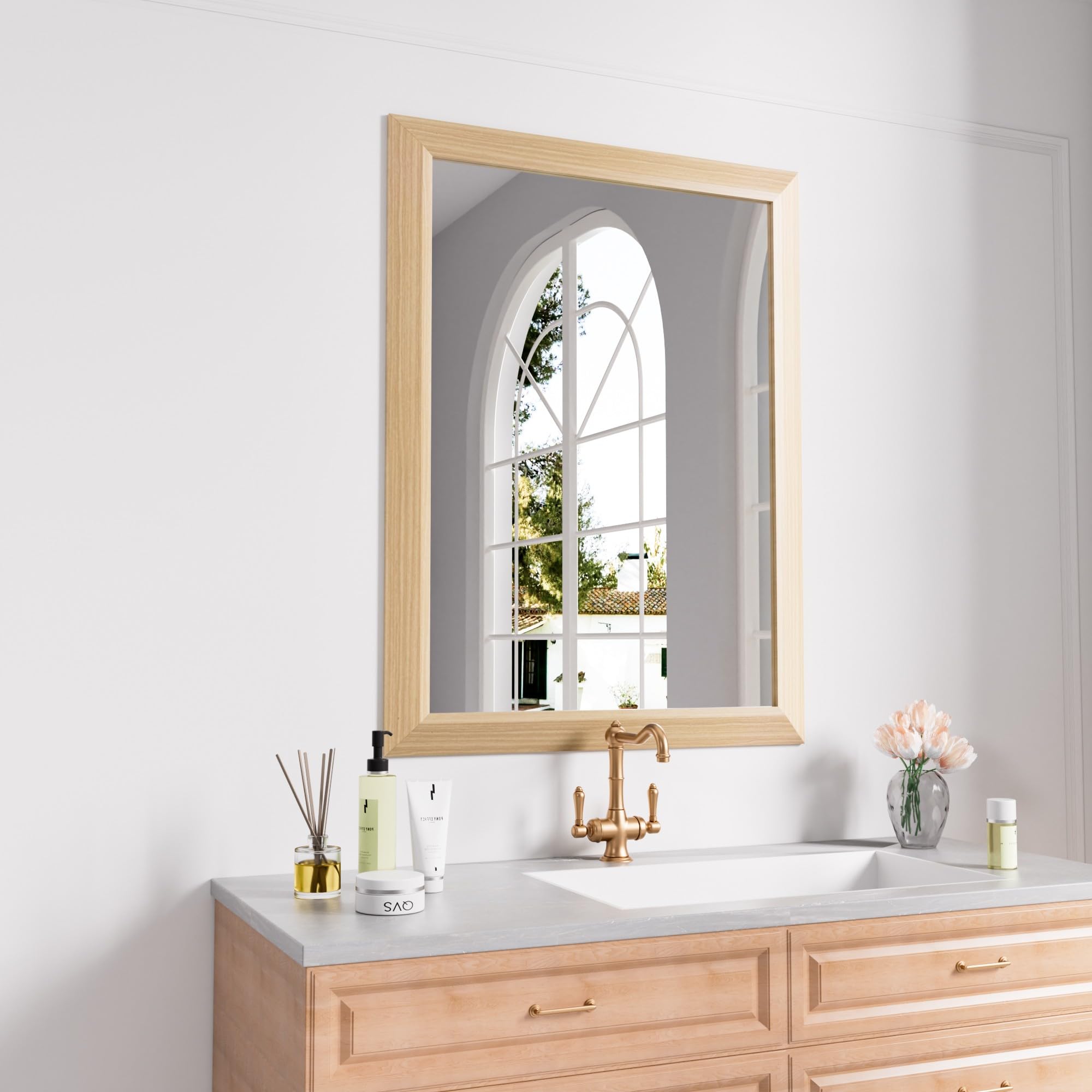 Amorho Bathroom Mirror, 28 X36 Inch Wall Mirror, Oak Wood Grain Metal Framed, Anti-Rust, Hang Horizontally/Vertically, Suitable 