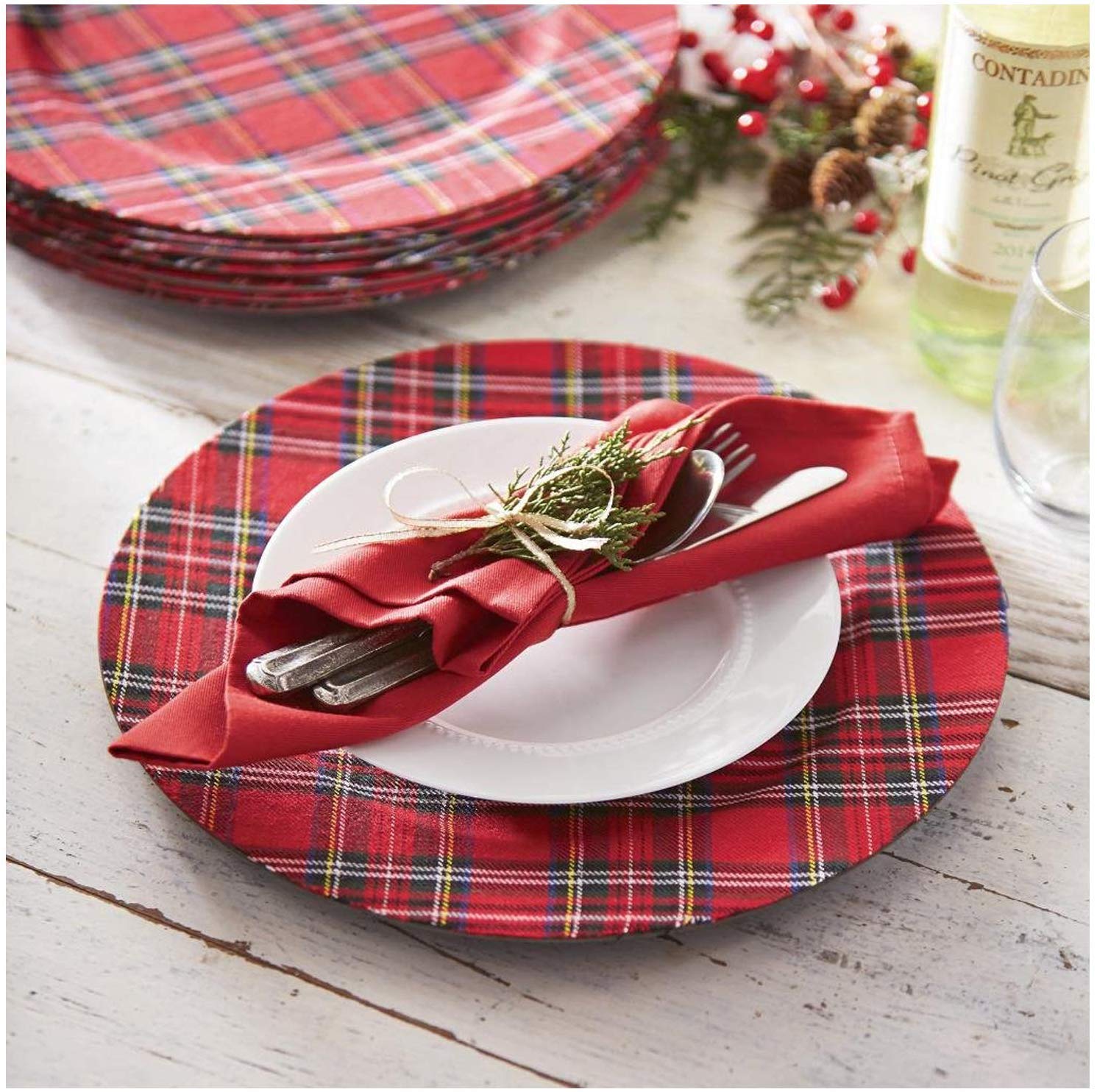 Mud Pie Deck The Halls Red Tartan Plaid Charger Plates  13'' Diameter  Set of 4