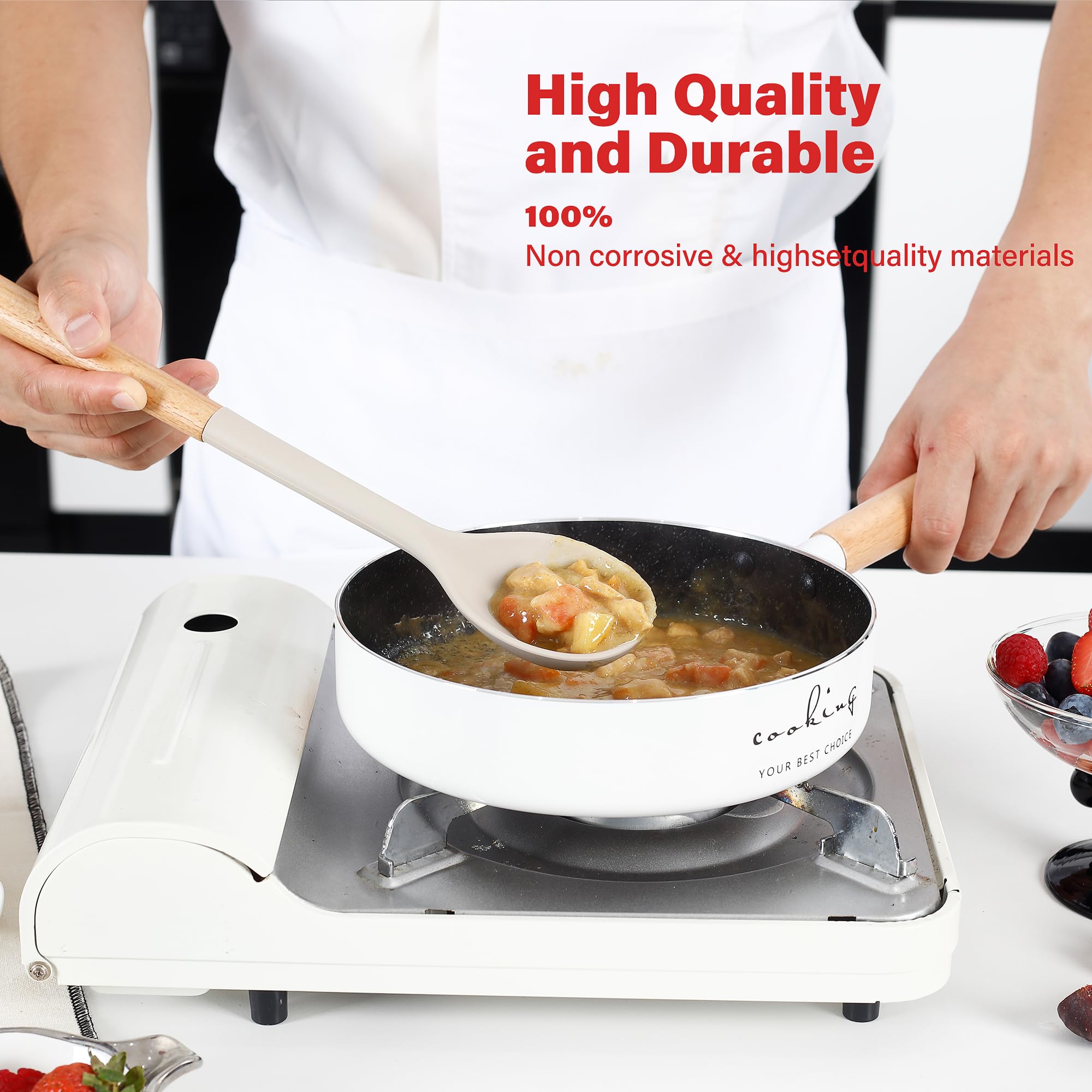 Ncue Kitchen Utensils Set, Large Non-Stick Silicone Cooking Utensils Set 6 Pcs, Wooden Handle Heat Resistance Silicone Spatula S