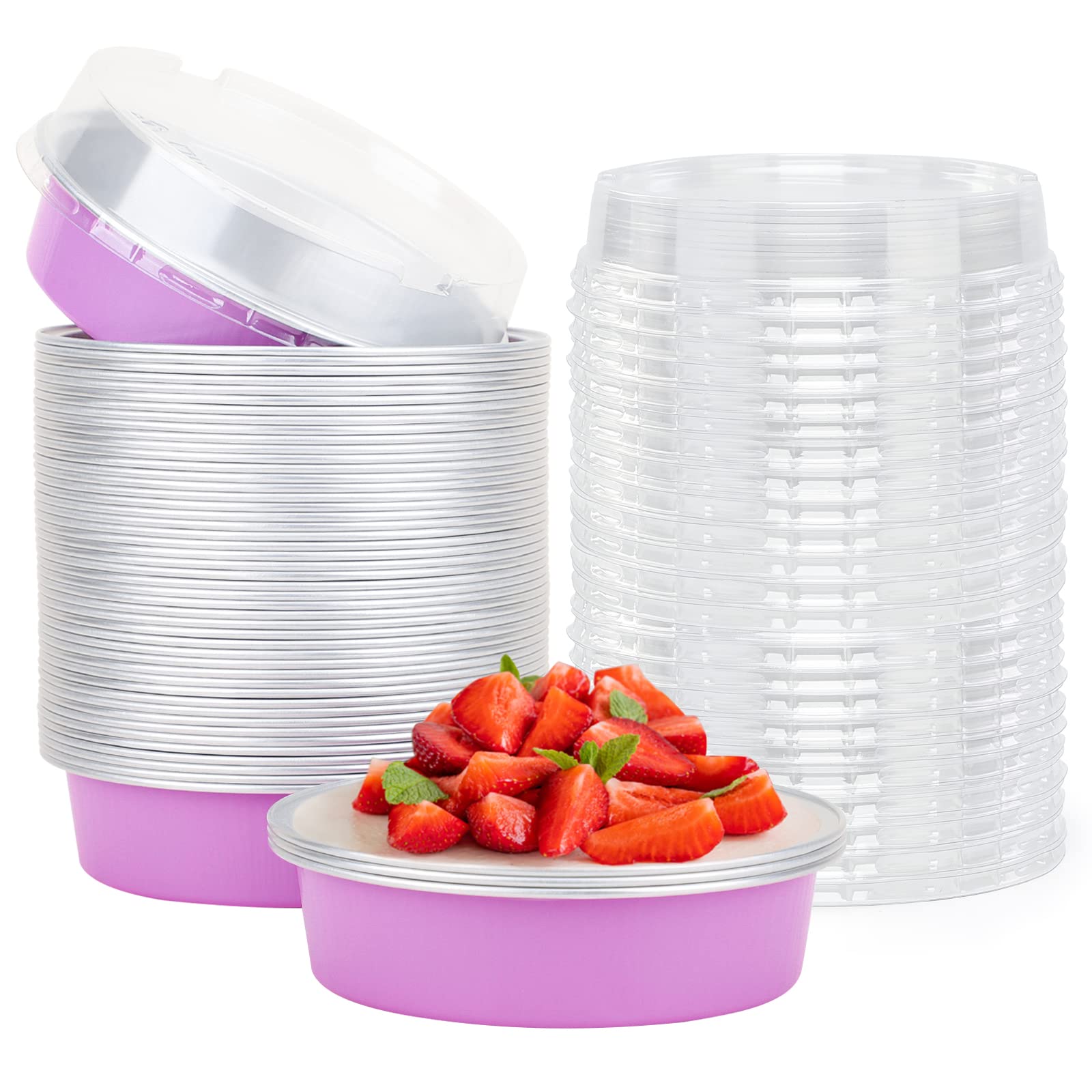 Beasea Disposable Mini Pans With Lids, 50 Pack 4    8Oz Light Pink Aluminum Baking Foil Tins Round Small Tart Container For Indi
