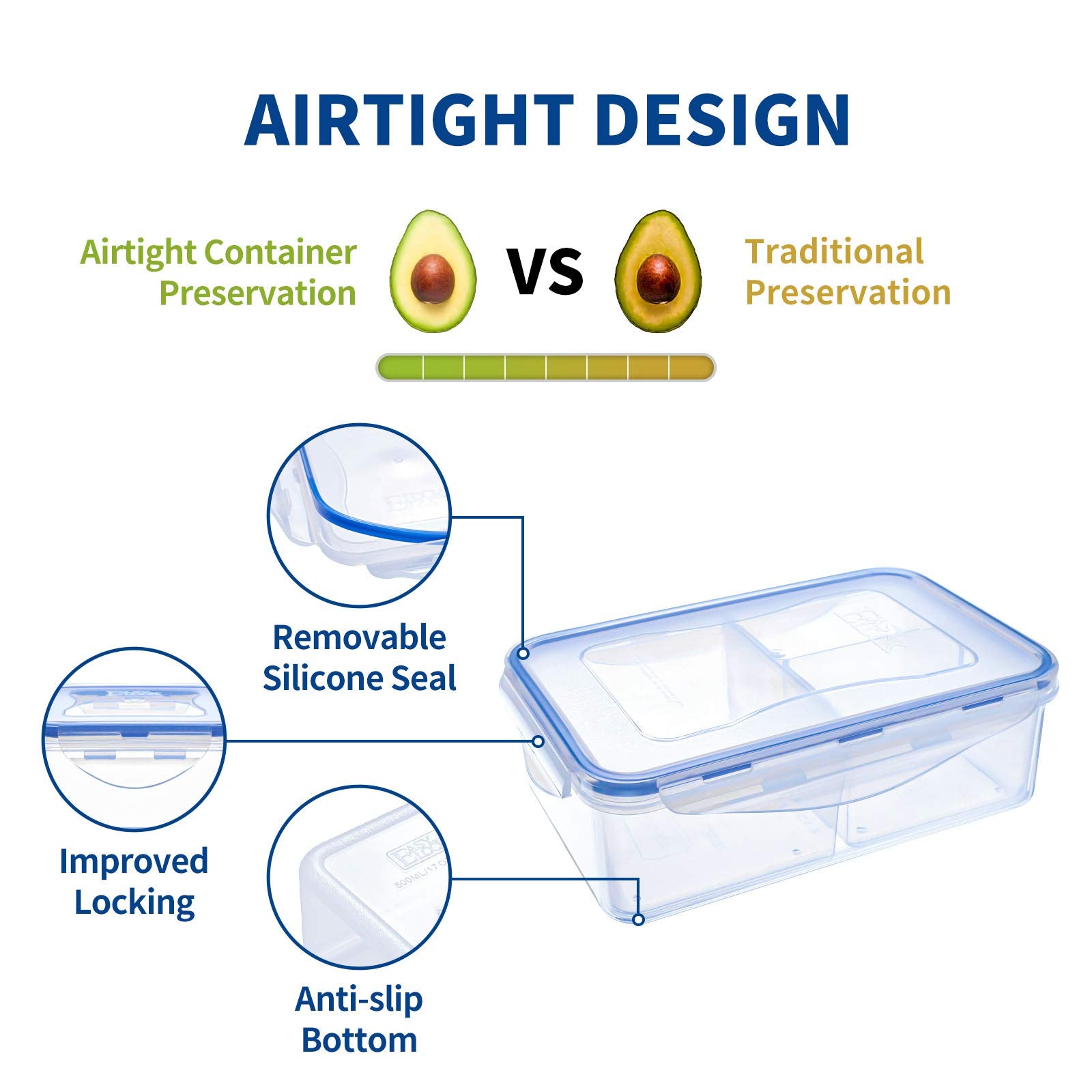 Kigi [2 Pack] 38.9Oz Rectangular Plastic Bento Box With 3 Compartments Airtight Food Storage Containers For Kitchen And Office