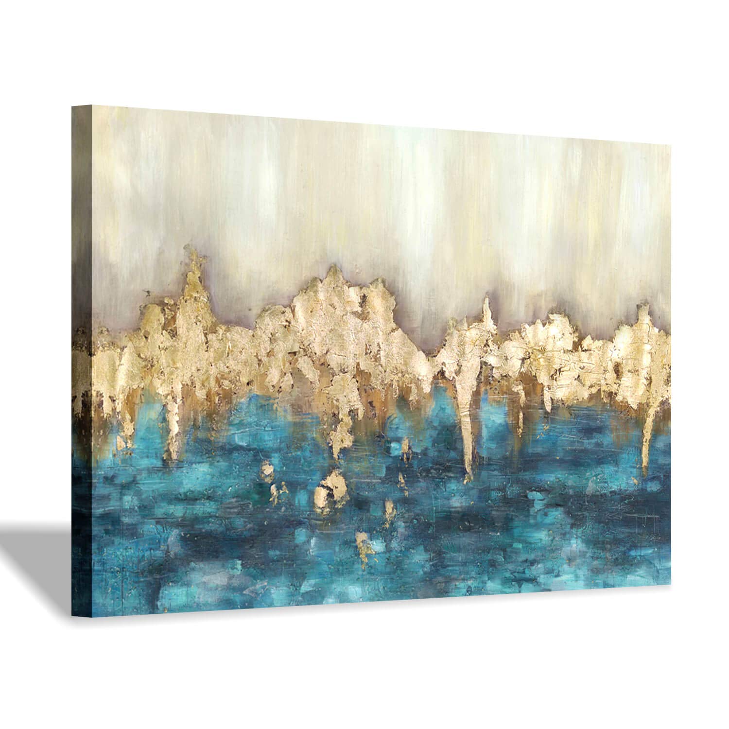Hand Painted Canvas Wall Art: Large Dark Blue Gold Abstract Artwork Textured Painting For Living Room (45    X 30'' X 1 Panel)