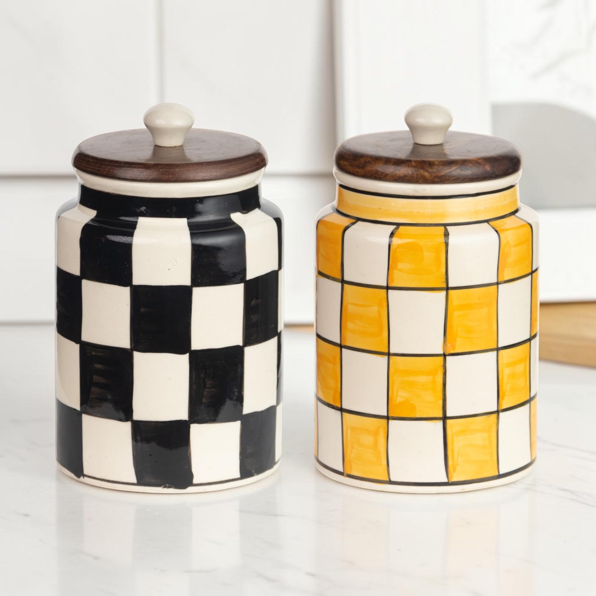 Claystone Airtight Ceramic Jar With Wooden Lid (Pack Of 2)  1000Ml Each  Kitchen Storage Containers For Sugar, Tea, Salt, Pick
