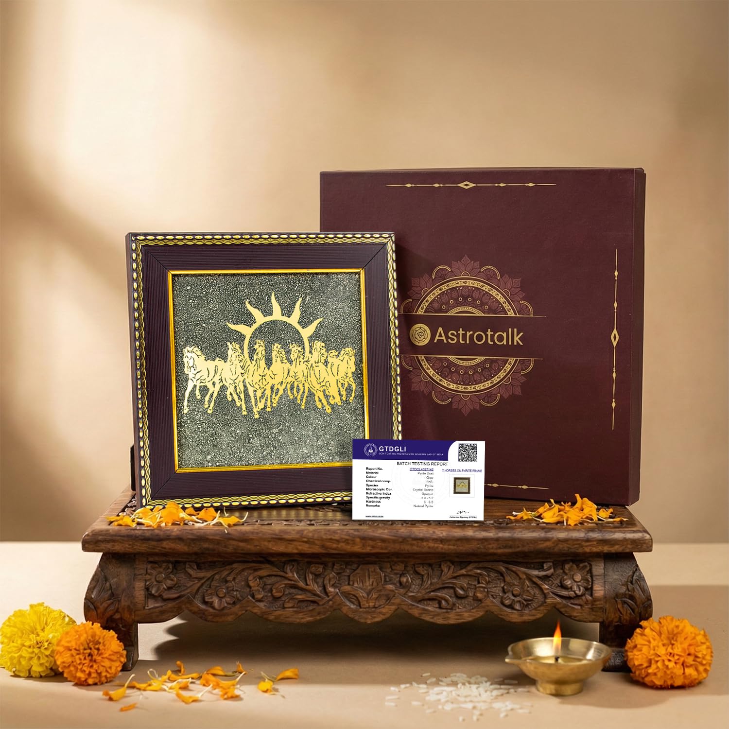 Astrotalk 7 Horses on Raw Pyrite Frame | Seven Horses Wall Decor Pyrite Stone Frame for Success & Fame | Vastu Items for Money Attraction | Wall Decor | Ideal Gift | 19x19x1 cm | 1 Piece