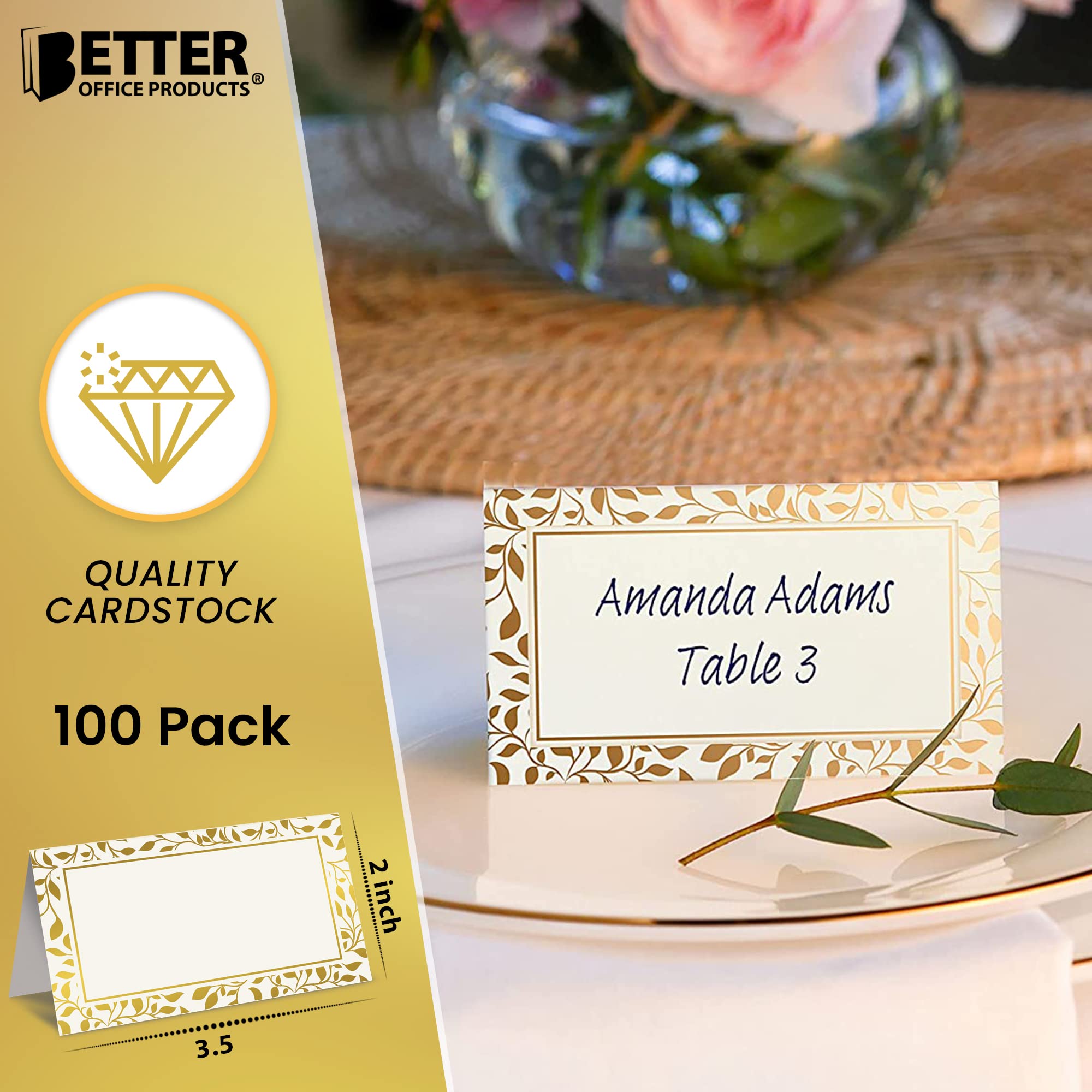 Better Office Products 100 Pack Place Cards, 2 X 3.5 In, White With Metallic Gold Leaf Foil Border, Folded Table Tent Cards For