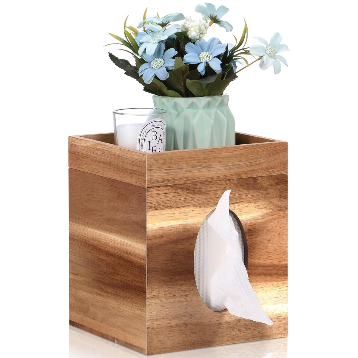 Tissue Box Cover, Wood Tissue Box Cover With Storage Tray Square Tissue Box Covers Holder For Bathroom, Bedroom, Dinner Table, O
