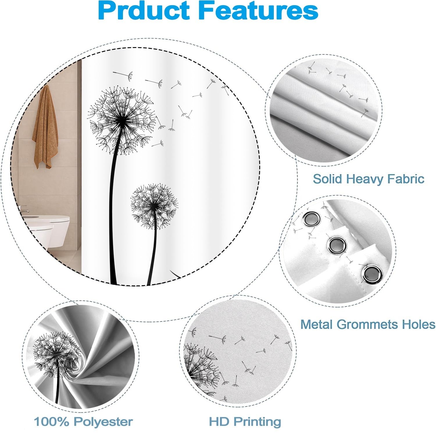 Uiiooazy Dandelion Fabric Shower Curtain For Bathroom Black White Shower Curtain Set Flying Dandelion Waterproof Cloth Bathtub S