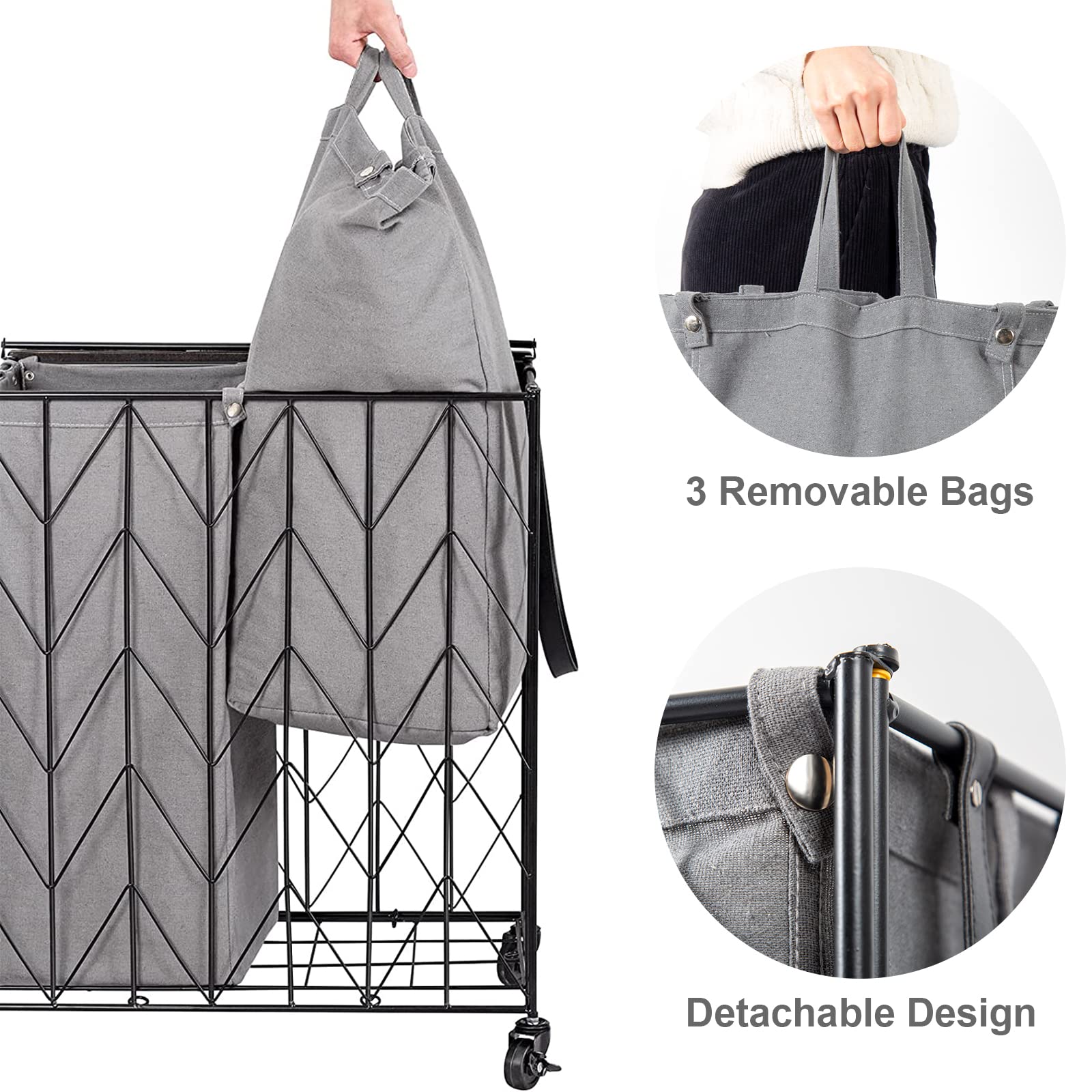 WOWLIVE Laundry Basket with Wheels  142L Laundry Hamper 3 Section with Lid  Dirty Clothes Hamper with Removable Bags  Large Capacity Iron-Made Laundry Basket Organizer Laundry Sorter for Dorm  Grey
