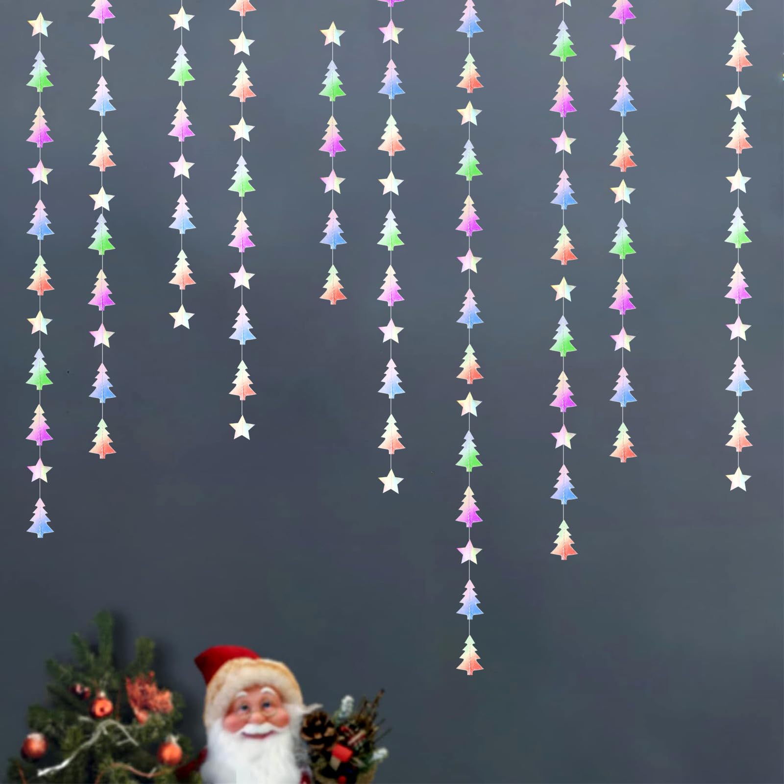 Iridescent-Holographic Christmas-Tree Star Party-Decorations Garland - 52 Ft Winter New Year Supplies Hanging Paper Streamers Ba