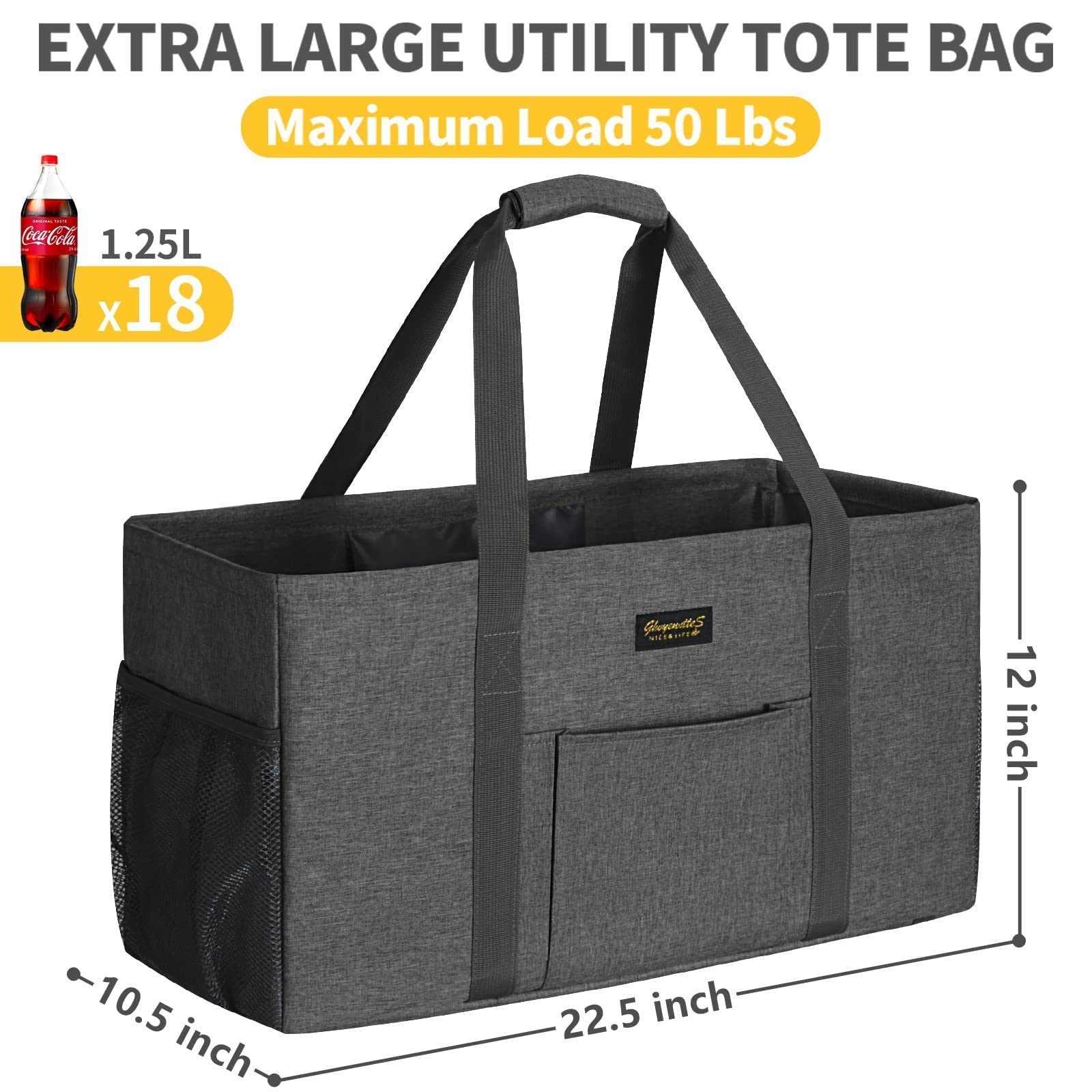Ghvyennttes Extra Large Utility Tote Bag, Stand Up Utility Tote With Metal Wire Frame & Hard Bottom Board, Reusable Grocery Bags
