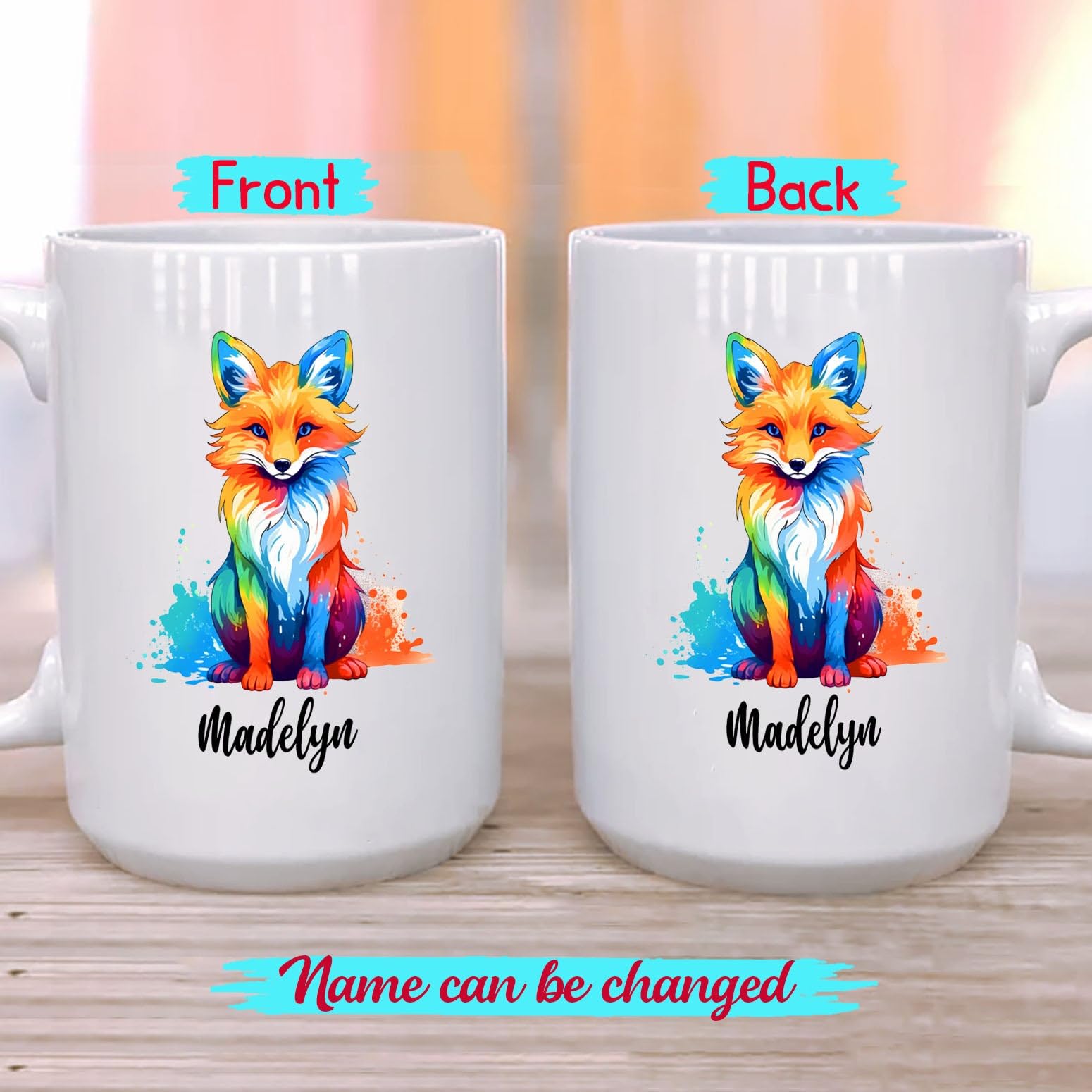 Personalized Fox White Coffee Mug With Choose Name, Fox Animal Lover Ceramic Tea Cup 11 15 Oz, Custom Fox Color Coffee Cup Gift