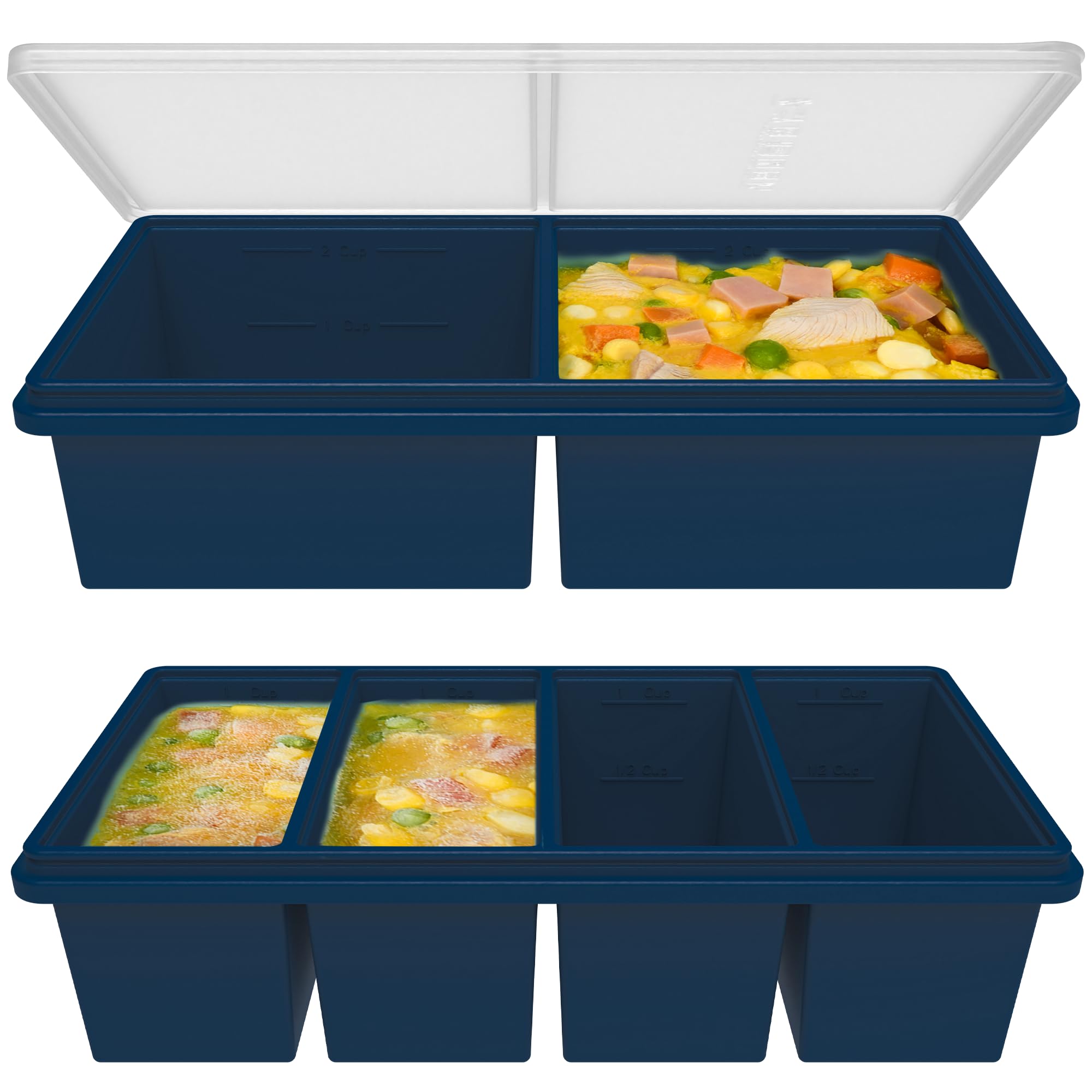 Silicone Freezer Trays with Lids, 2 Cup & 1 Cup Soup Container Style Ice Cube Trays, Easily prepare portioned meals, Great for s