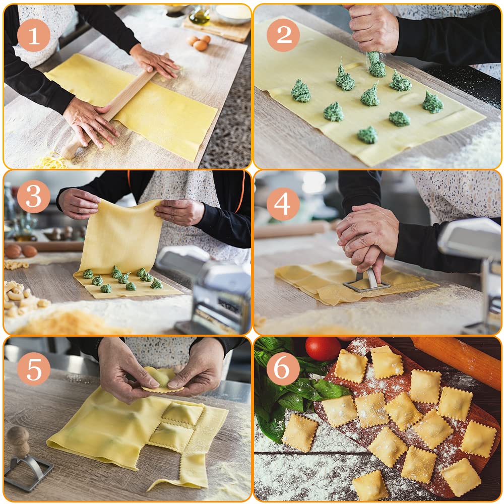 Ravioli Pasta Cutter Wheel Set Of 5, Ravioli Maker Cutter With Roller Wheel Ravioli Cutter Set With Wooden Handle, Pasta Press W
