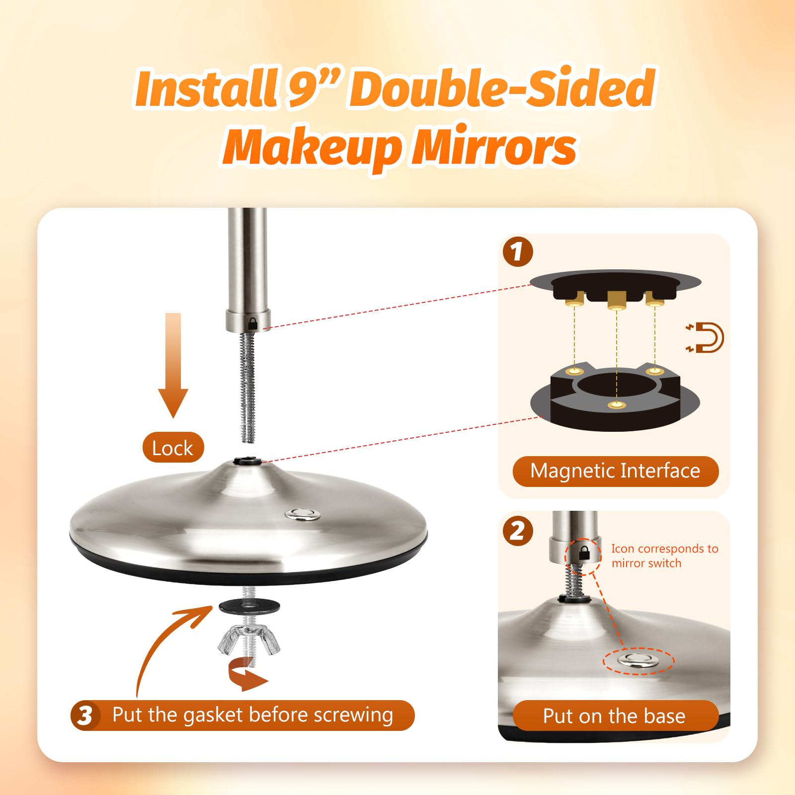 Lighted Makeup Mirror With Magnification: 1X/10X Magnifying Vanity Mirror With 3 Color Dimmable Light, 9'' Large Rechargeable St