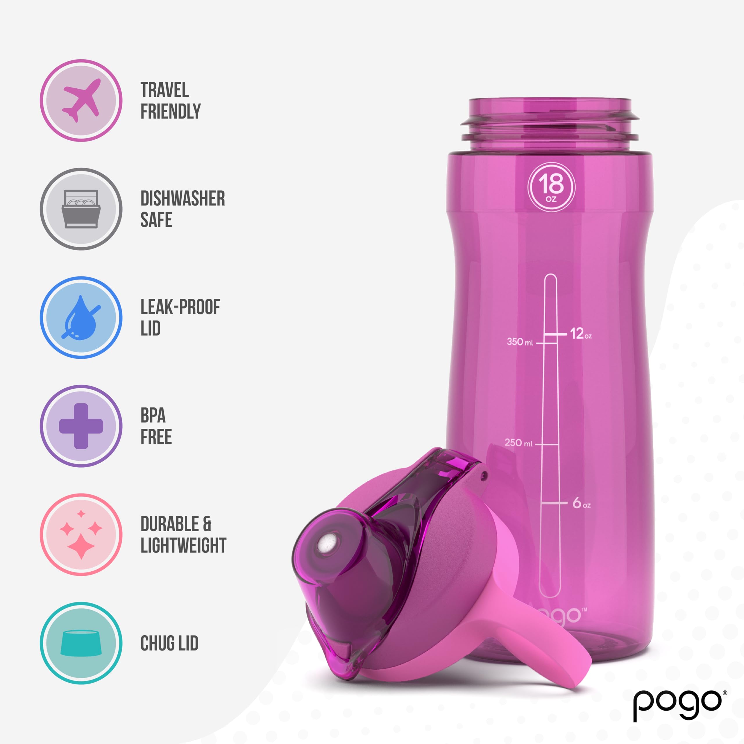 Pogo BPA-Free Plastic Water Bottle with Chug Lid  Fuchsia  18 oz.