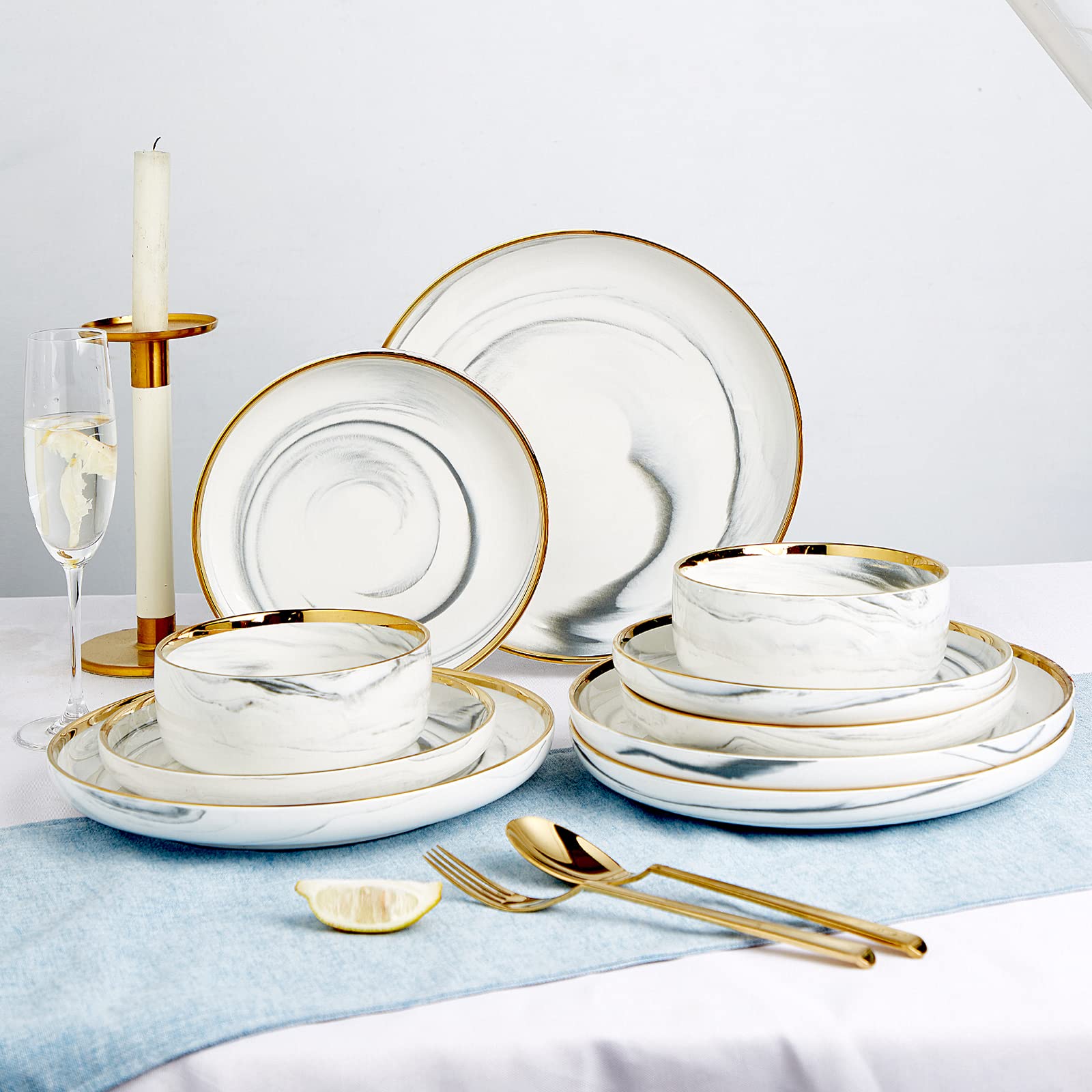 Pokini Marble Gold Rim Dinnerware Sets, Porcelain Plates and Bowls Sets, Modern Luxury Dish Set for 4, White Grey China Dinner S