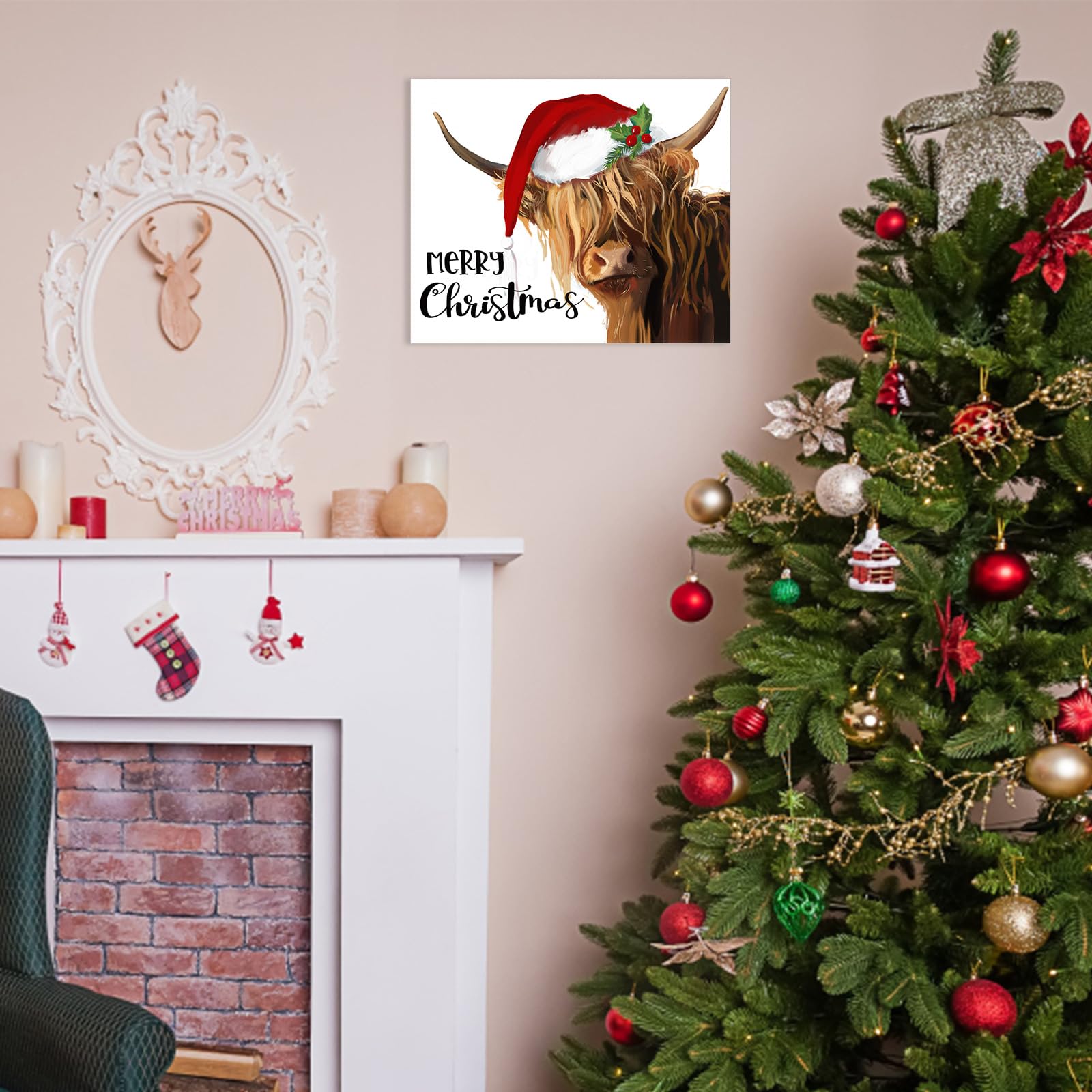 HLJ ART Highland Cow Christmas Wall Art - Canvas Print 12"x15", Farmhouse Decor for Living Room, Kitchen, Holiday Wall Hanging