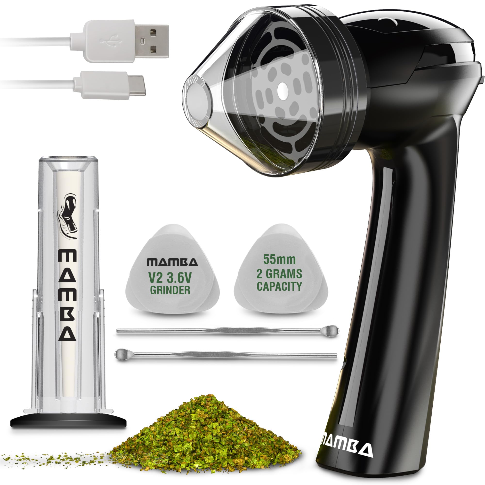 Mamba Loader Xl V2-55 Electric Herb Grinder, Usb Rechargeable Automatic Grinder Fast Mill With Aluminum Alloy Head, Includes Her