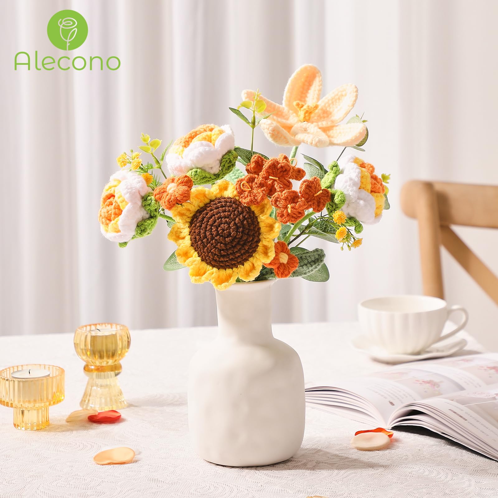 Alecono Crochet Flower Bouquet, Orange Knitted Flowers, Crochet Sunflower Flower for Lover Anniversary Birthday Party Mother s D