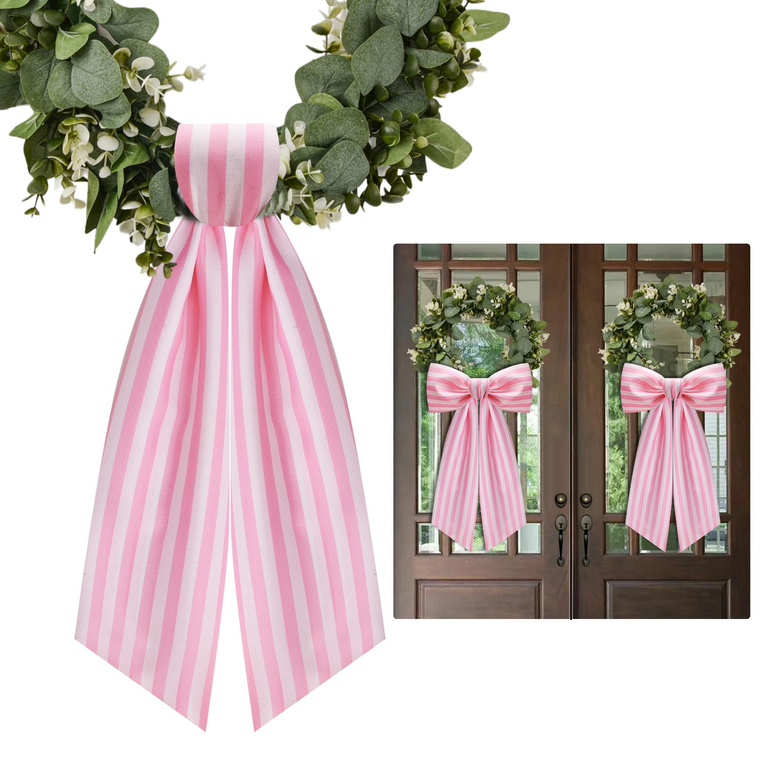 2 Pack Wreath Sash for Front Door Stripe Boxwood Sash Garland Porch Decor Wreath Accessories (Pink and White Stripe)
