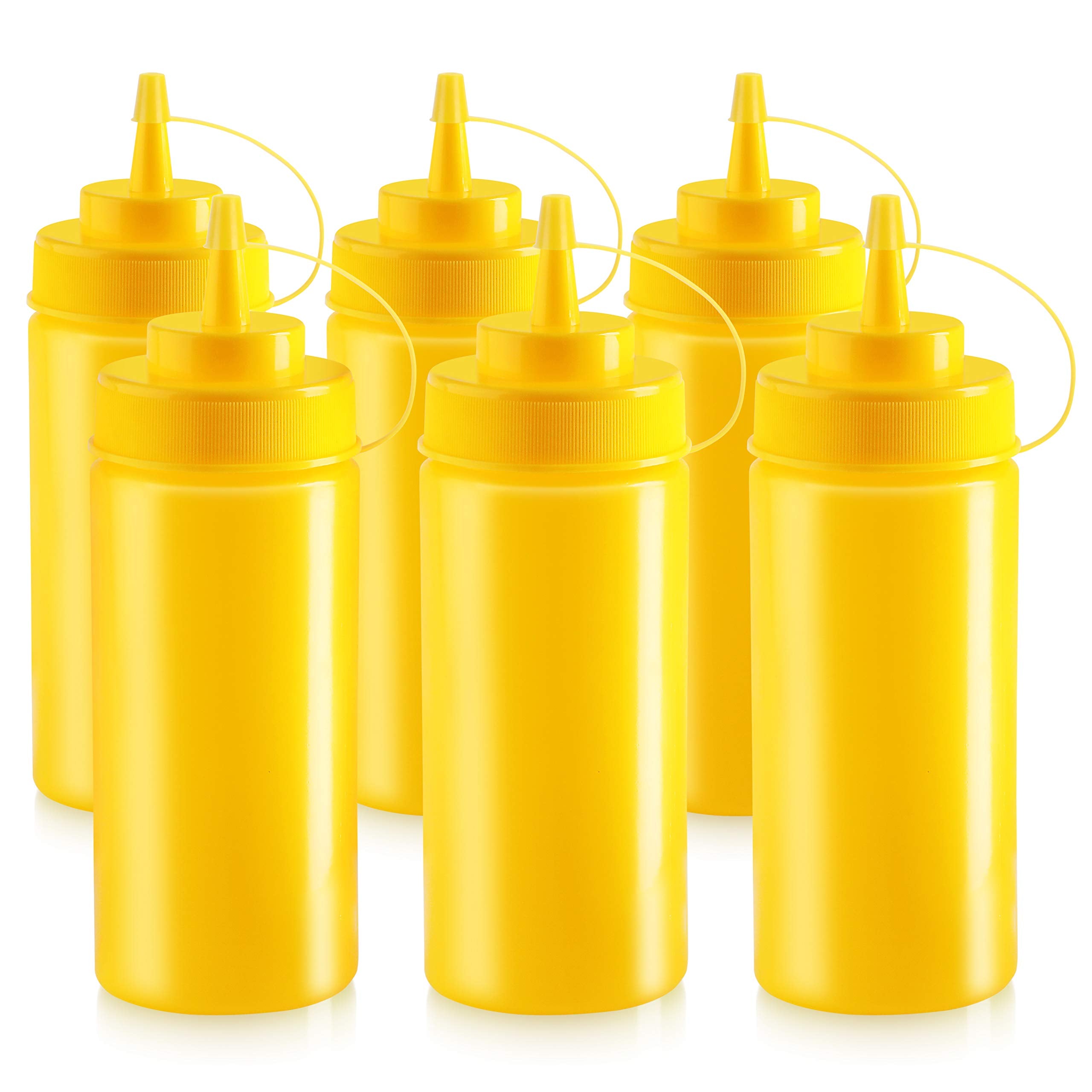 New Star Foodservice 26528 Plastic Squeeze Bottles With Cap And Scale, Wide Mouth, 16 Oz, Yellow, Pack Of 6