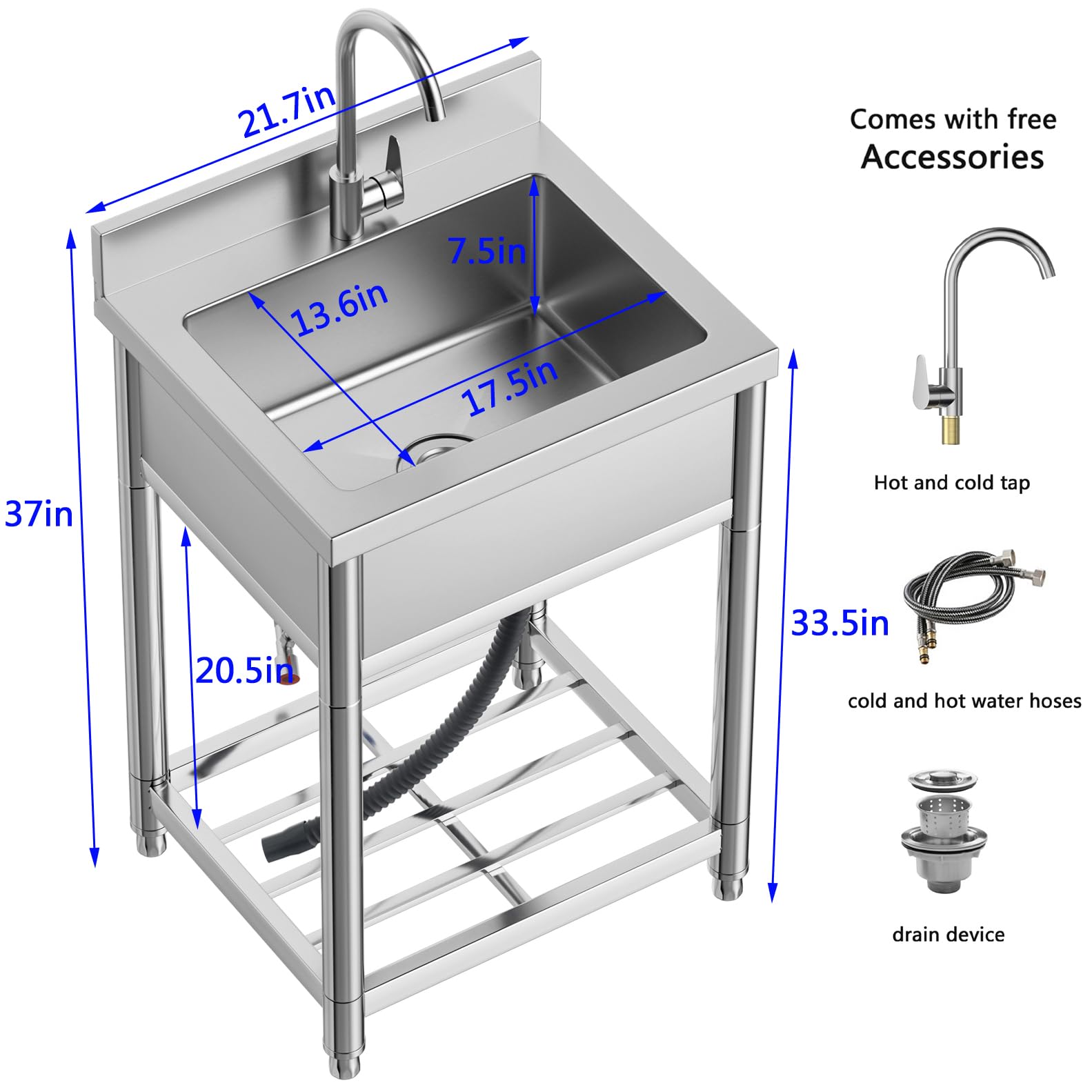 Stainless Steel Commercial Kitchen Sink, Free Standing, Single Bowl Sink Basin With Cold & Hot Water Faucet, Indoor And Outdoor