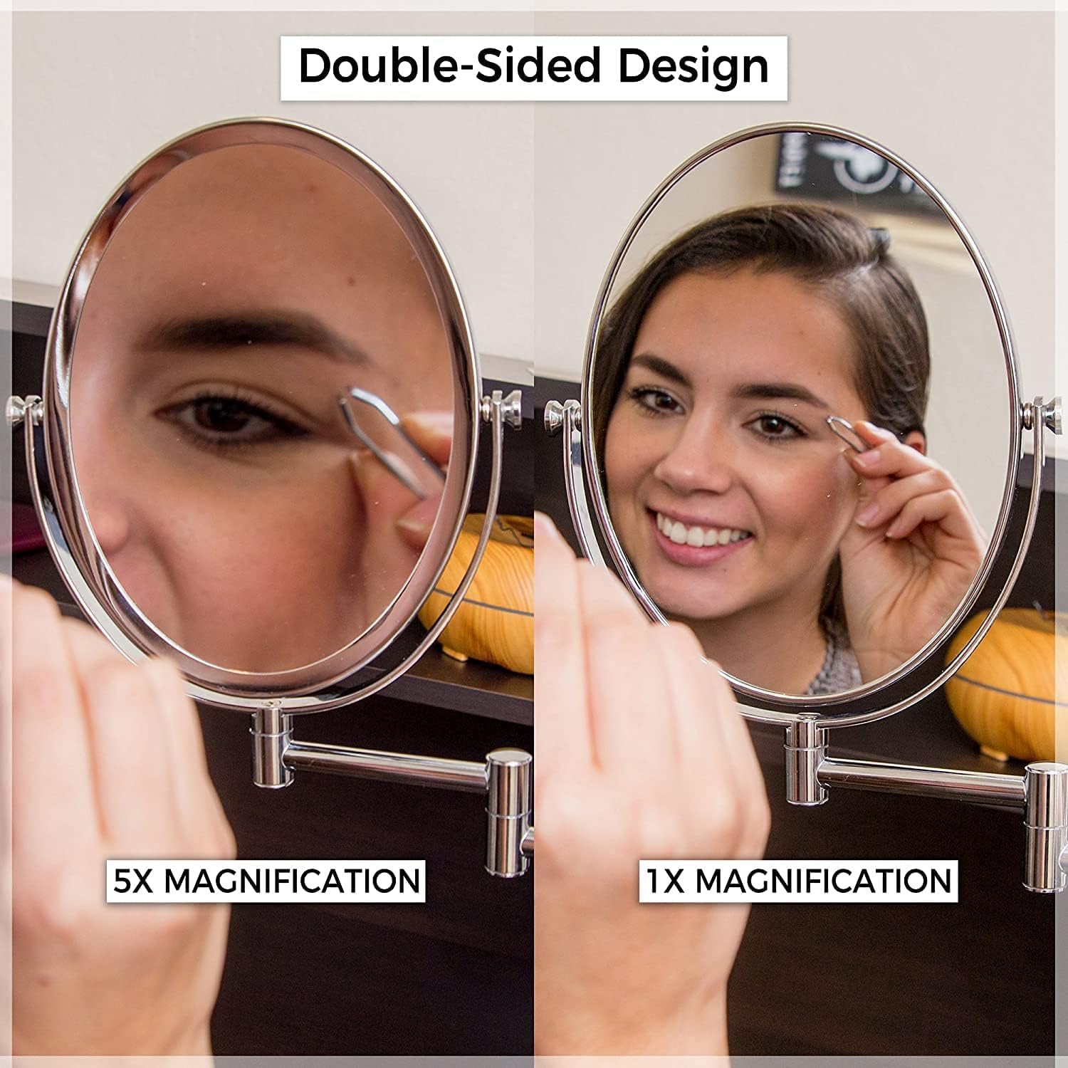 Wall Mounted Bathroom Makeup & Shaving Mirror, Double Sided 5X & 1X Magnification, 13-Inch Extension Swivel Arm, Oval 6.6'' X 8.