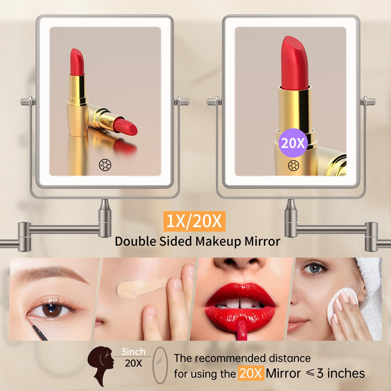 FUNTOUCH Wall Mounted Makeup Mirror - 1X/20X Magnifying, 5000mAh, Touch Dimmable, Brushed Nickel, 16.2"L x 13.