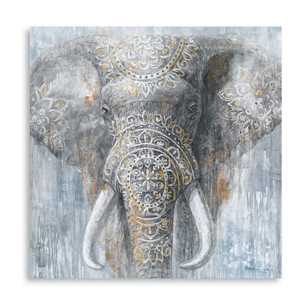 Yidepot Grey Blue Elephant Wall Decor - Wild Animals Canvas Elephants Print For Bedroom Framed Ready To Hang 12X12Inch