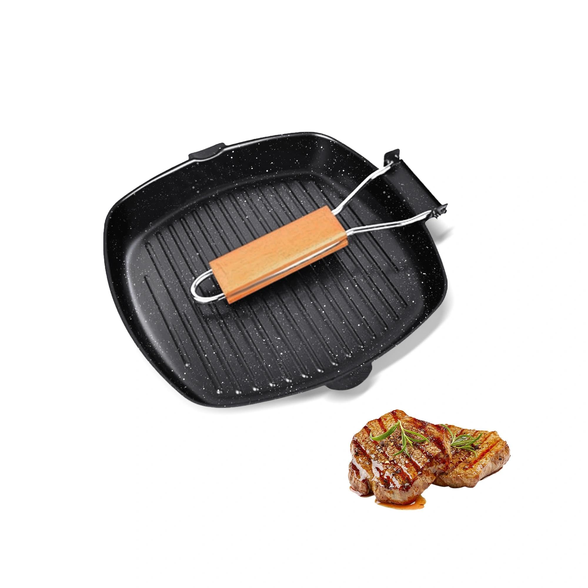 JSJMOFA Grill Pan with Folding Handle, Square Grill Skillet, 11in/28cm