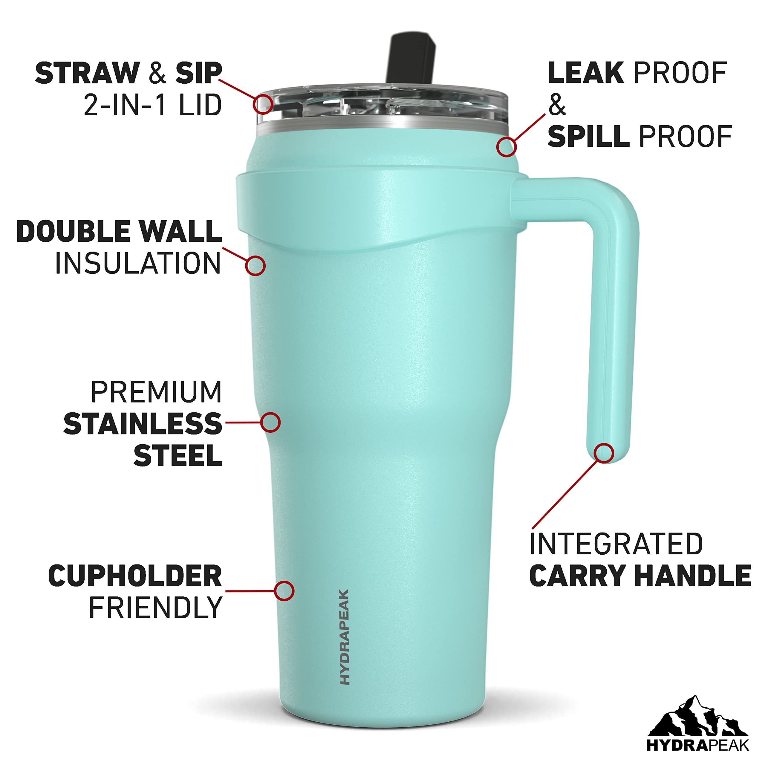 Hydrapeak Roadster 40Oz Stainless Steel Tumbler Double Wall Vacuum Insulated Water Bottle With Handle And 2 In 1 Straw Lid (Aqua
