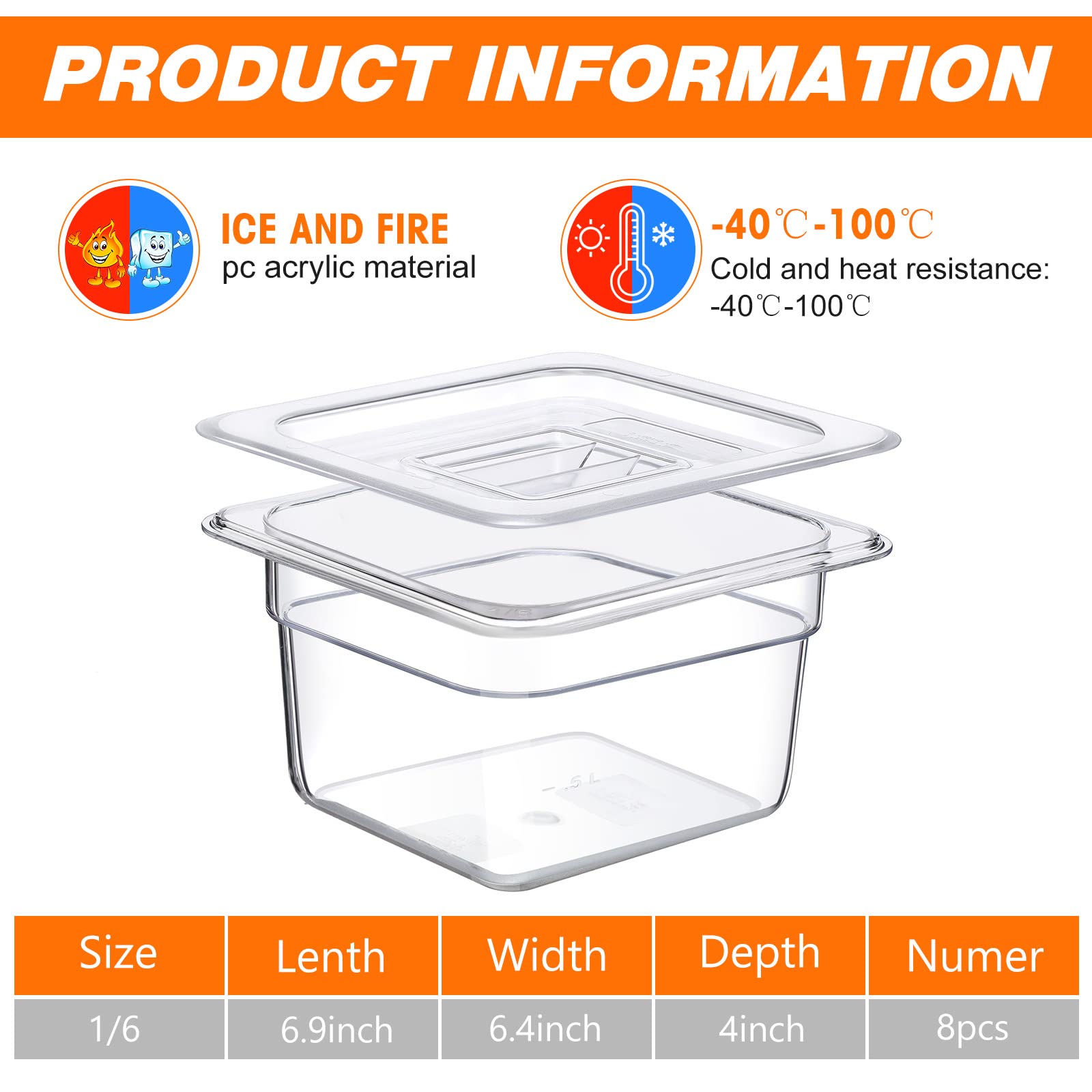 Sieral Clear 1/6 Size Food Pan Restaurant Containers With Lids Square Cambro Food Storage Polycarbonate Salad Bar Containers Com
